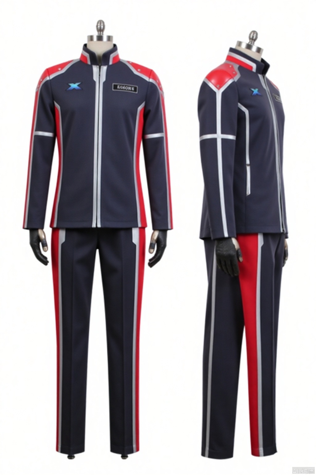XIO,collar,belt,logo,uniform,jacket,pants,gloves,boots,emblem,blue jacket,blue pants,blue jacket with grey line,blue pants with gray line