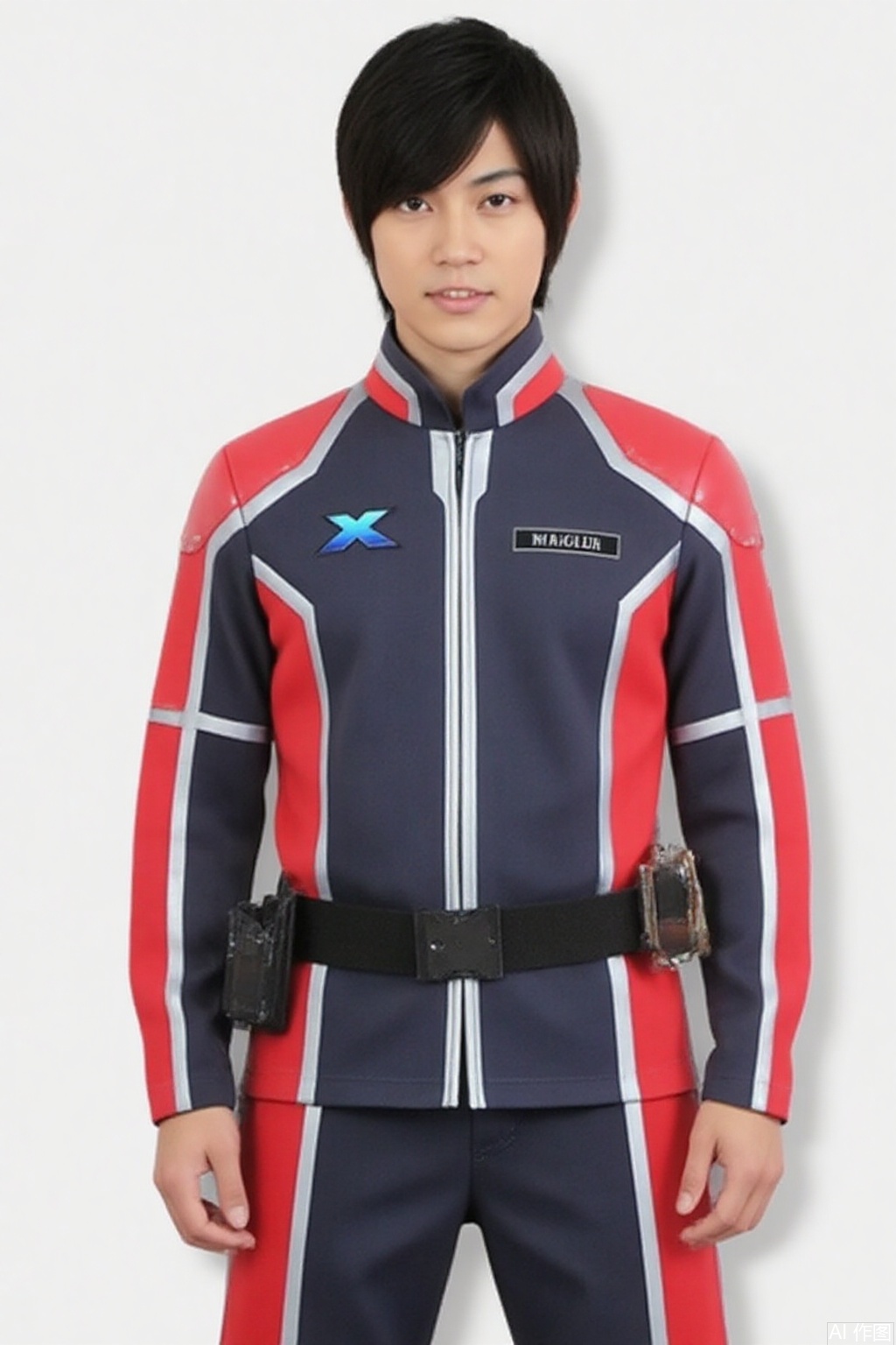 masterpiece, best quality,solo,(white background:1.2),simple background,
looking at viewer,XIO,collar,belt,logo,uniform,jacket,pants,gloves,boots,emblem,blue jacket,blue pants,blue jacket with grey line,blue pants with gray line
