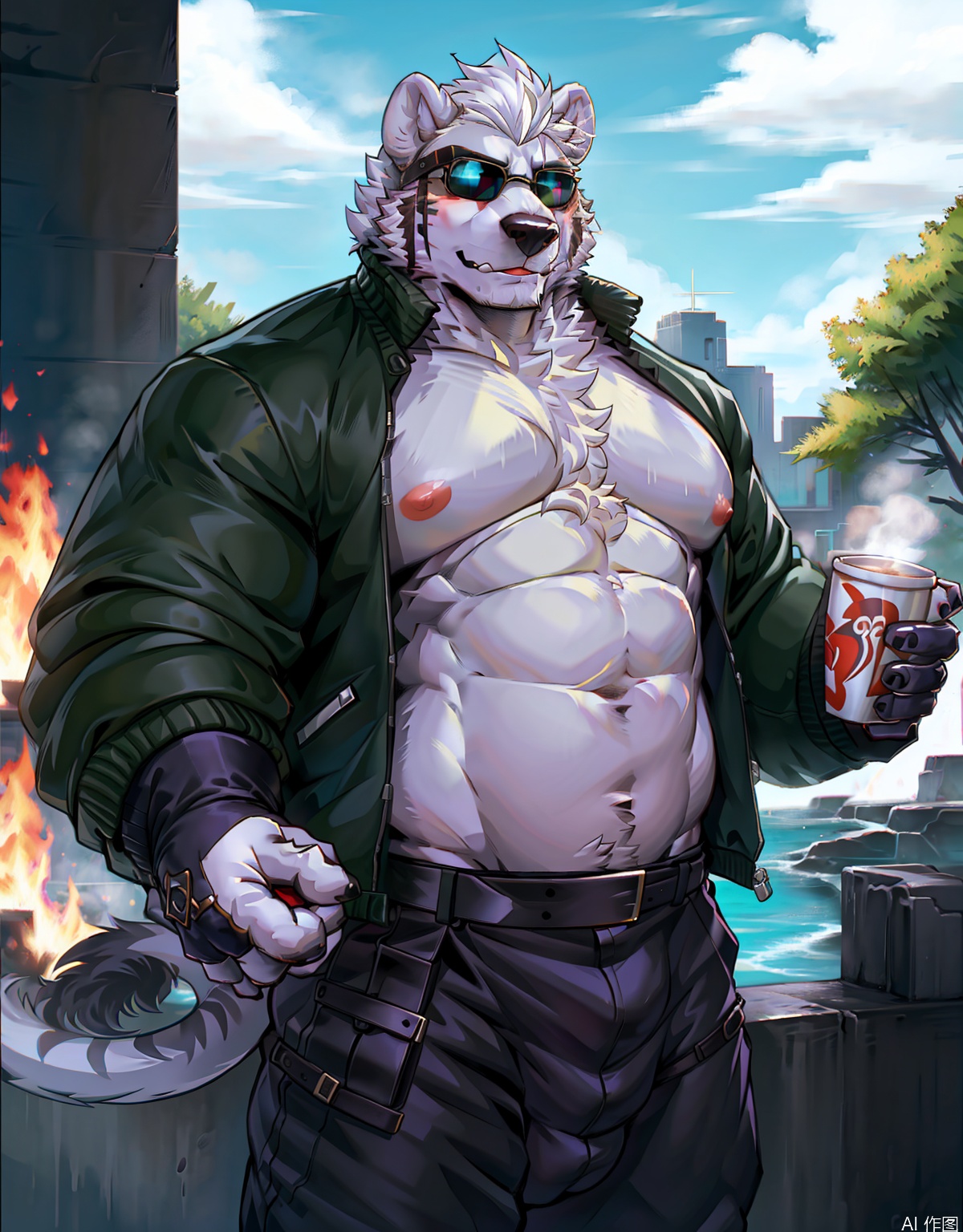 solo, short hair, 1boy, navel, holding, animal ears, nipples, jacket,little bear tail,bear furry, white hair, male focus, open clothes, alternate costume, belt, pants, fingerless gloves, stomach, open jacket, cup, muscular, feet out of frame, abs, sunglasses, pectorals, muscular male, holding cup, bara, furry, large pectorals, furry male, tiger ears, disposable cup, bare pectorals, white fur, bear boy
