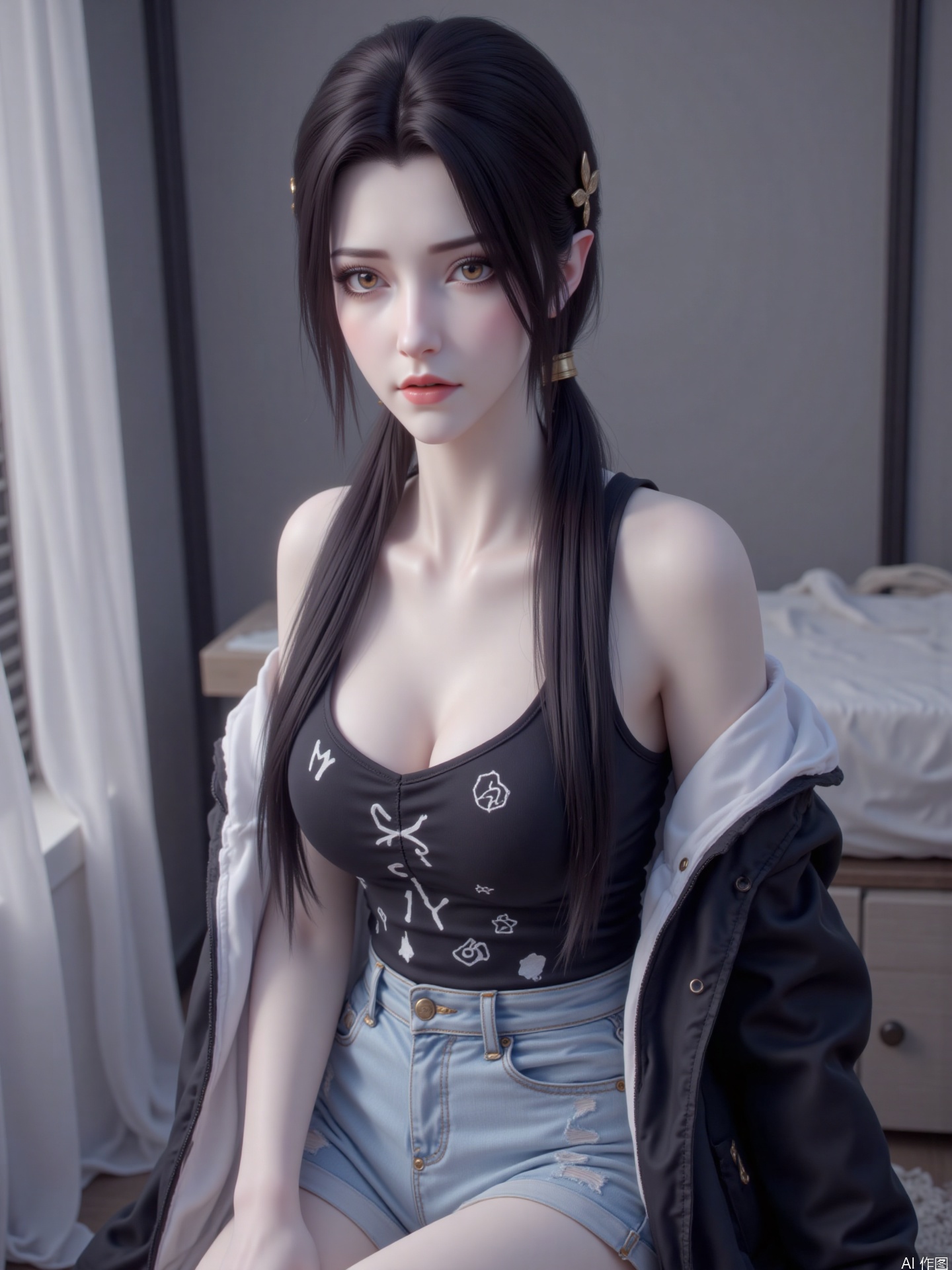 main body
The main body of the picture is a woman. She has long black hair, soft hair, eyes are very eye-catching and delicate. The upper body is wearing a short black sports vest with white letters and patterns on the vest, a black jacket on the outside, and light blue denim shorts on the lower body, the overall outfit shows youthful vitality and fashion sense.
attitude
She was sitting, her body turned slightly to the camera, and one arm was naturally placed beside her, with a relaxed and natural posture, looking straight ahead, revealing a confident temperament.
Light and shadow
The light is soft and even, mainly illuminating the characters from the front, forming a natural transition of light and shadow on the characters, highlighting the facial contour, material feeling of clothing and body lines, creating a bright and comfortable atmosphere.
Art style
It belongs to a realistic style, and the facial details, hair, clothing textures, etc. of the characters are delicately portrayed. The texture is excellent, the color matching is coordinated, the picture is real and has strong visual expression.
background
The background is relatively simple, mainly light gray walls, and some dark blinds can be seen vaguely. The simple background highlights the main body of the character, making the viewer's attention focus on the character image.