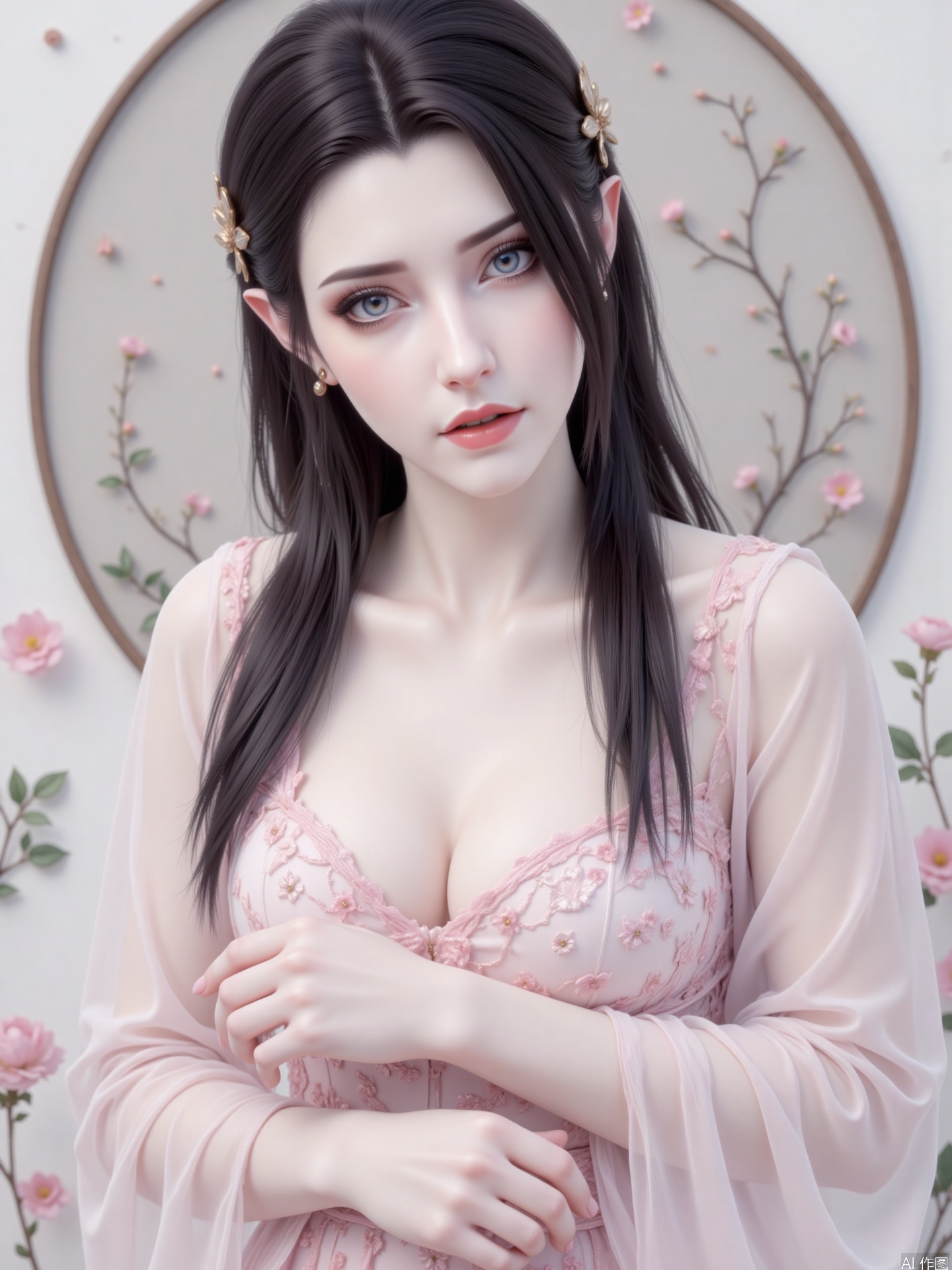 The picture shows a woman wearing a soft style. She has long black hair, delicate makeup, and her blue eyes are very eye-catching. She wore a slim long skirt with pink floral patterns. The skirt was lightweight, and the tulle of the same color half draped over her body added a bit of charm. She stood in a scene with a circular background and plant pattern, with an elegant posture and the overall picture exuded a gentle temperament.,zichu