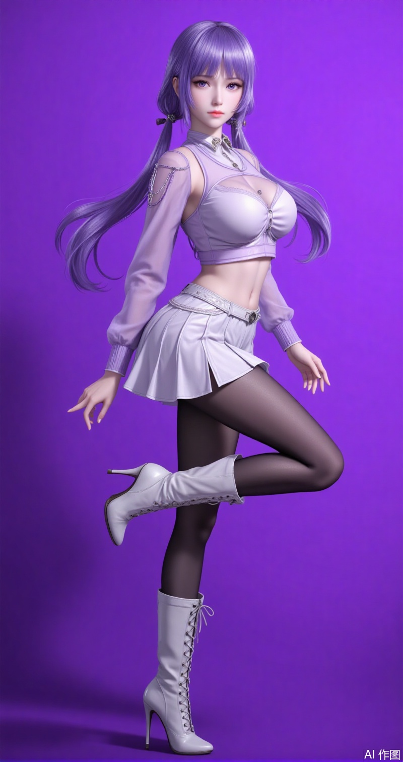 lvjing,baoshi,baichenxiang,purple hair,purple eyes,long hair,twintails,fair_skin,bangs,1girl,solo,purple hair,boots,long hair,purple eyes,pantyhose,high heels,navel,midriff,high heel boots,skirt,white footwear,crop top,purple background,standing on one leg,breasts,white skirt,medium breasts,leg up,9,cover,simple background,gradient_background,Close-up details,outstanding style,adding a touch of dimension to your images without compromising details,close-up,,lvjing,
