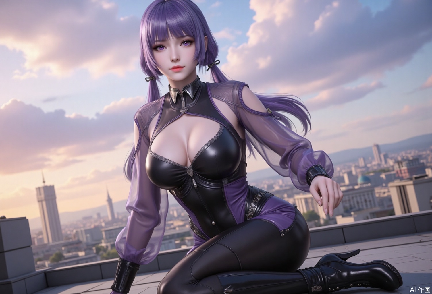 lvjing,baoshi,baichenxiang,purple hair,purple eyes,long hair,twintails,fair_skin,bangs,1girl,solo,breasts,looking at viewer,large breasts,long sleeves,cleavage,sitting,closed mouth,full body,boots,outdoors,sky,shiny,cloud,black footwear,high heels,lips,clothing cutout,bodysuit,makeup,arm support,crossed legs,cloudy sky,forehead,high heel boots,shiny clothes,sunset,black bodysuit,red lips,cityscape,latex,rooftop,
