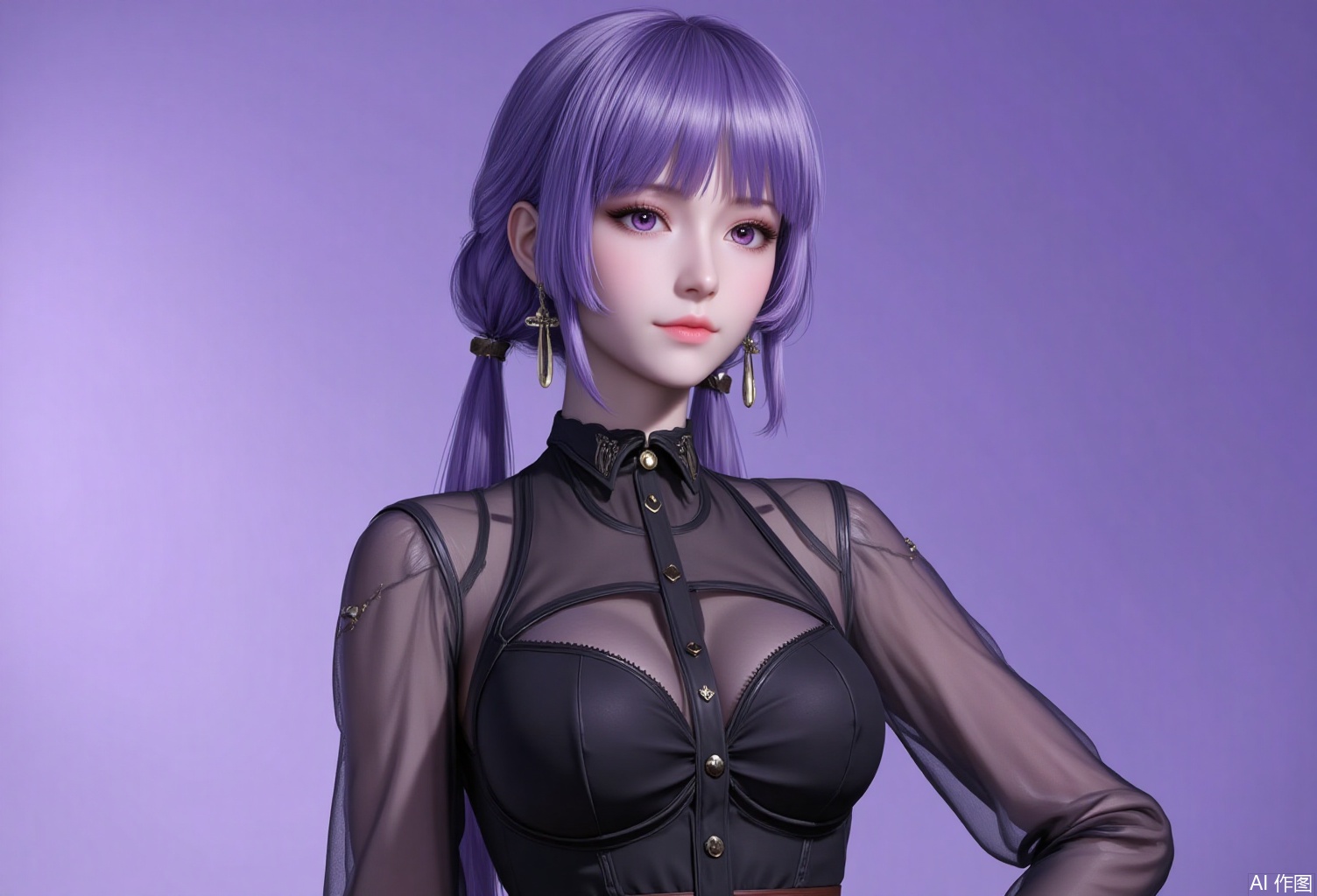 lvjing,baoshi,baichenxiang,purple hair,purple eyes,long hair,twintails,fair_skin,bangs,1girl,solo,jewelry,earrings,see-through,dress,upper body,black dress,hand on own hip,breasts,see-through sleeves,13,cover,simple background,gradient background,close-up details,outstanding style,adding a touch of dimension to your images without compromising details,close-up,
