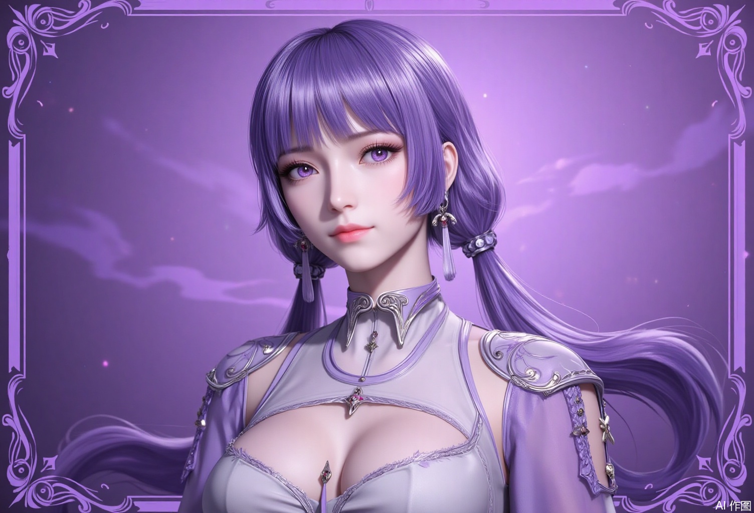lvjing,baoshi,baichenxiang,purple hair,purple eyes,long hair,twintails,fair_skin,bangs,1girl,solo,earrings,jewelry,looking at viewer,breasts,tarot,collarbone,upper body,dress,closed mouth,card \(medium\),tarot \(medium\),frills,border,cover,gradient background,close-up details,outstanding style,adding a touch of dimension to your images without compromising details,close-up
