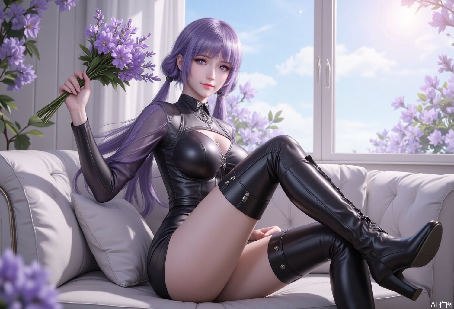 lvjing,baoshi,baichenxiang,purple hair,purple eyes,long hair,twintails,fair_skin,bangs,a beautiful girl wearing a black leather bodysuit and knee high thigh boots,holding a bouquet of flowers in my hand,sitting on the sofa,lift up one leg,sunlight shines into the room,the window flowers are adorned with violets,the background is a dreamlike room,show a shallow smile,the white theme,the background is dreamy sky,close-up,cowboy_shot,
