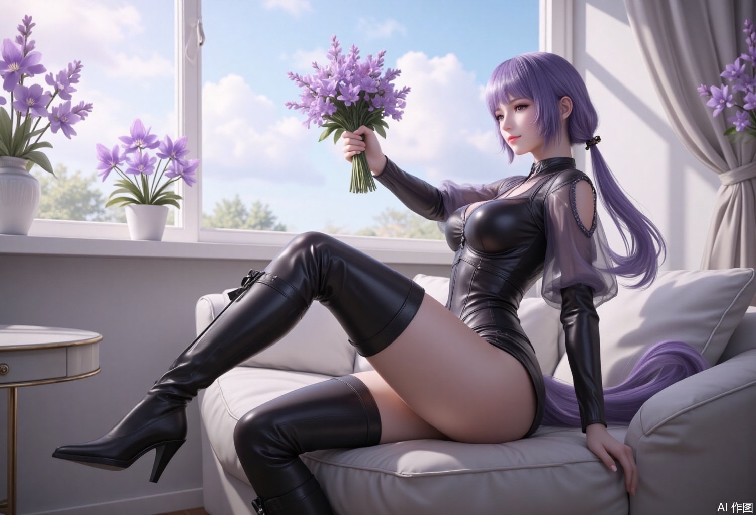 lvjing,baoshi,baichenxiang,purple hair,purple eyes,long hair,twintails,fair_skin,bangs,a beautiful girl wearing a black leather bodysuit and knee high thigh boots,holding a bouquet of flowers in my hand,sitting on the sofa,lift up one leg,sunlight shines into the room,the window flowers are adorned with violets,the background is a dreamlike room,show a shallow smile,the white theme,the background is dreamy sky,close-up,cowboy_shot,