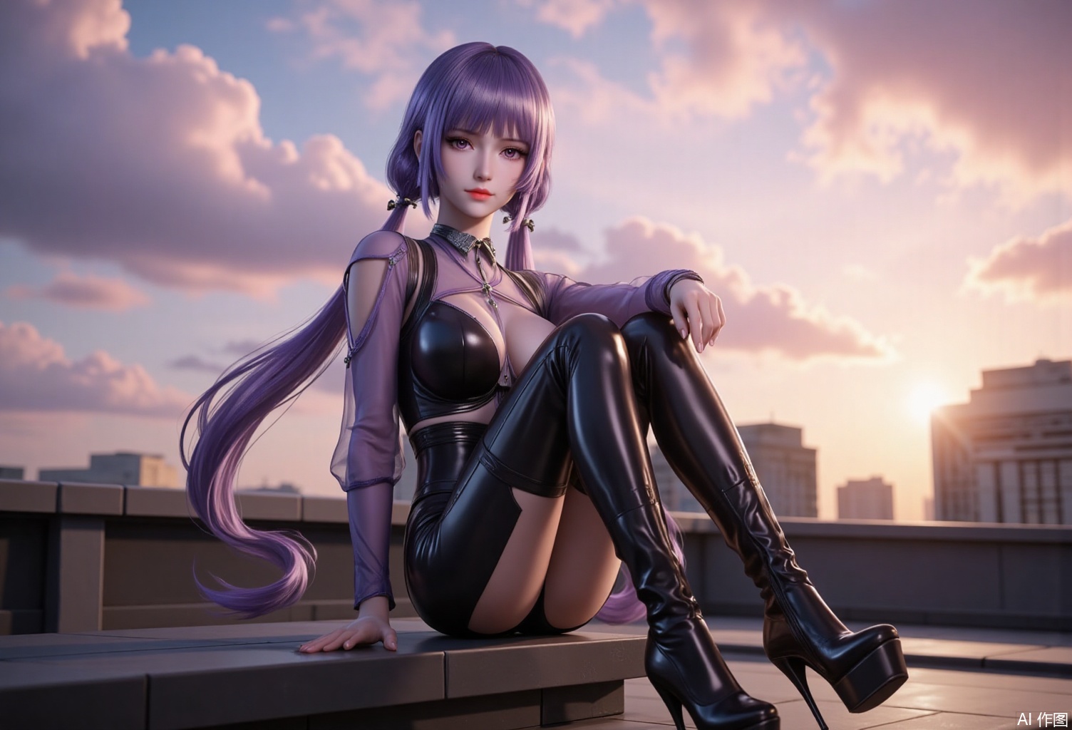 lvjing,baoshi,baichenxiang,purple hair,purple eyes,long hair,twintails,fair_skin,bangs,1girl,solo,breasts,looking at viewer,large breasts,long sleeves,cleavage,sitting,closed mouth,full body,boots,outdoors,sky,shiny,cloud,black footwear,high heels,lips,clothing cutout,bodysuit,makeup,arm support,crossed legs,cloudy sky,forehead,high heel boots,shiny clothes,sunset,black bodysuit,red lips,cityscape,latex,rooftop,
