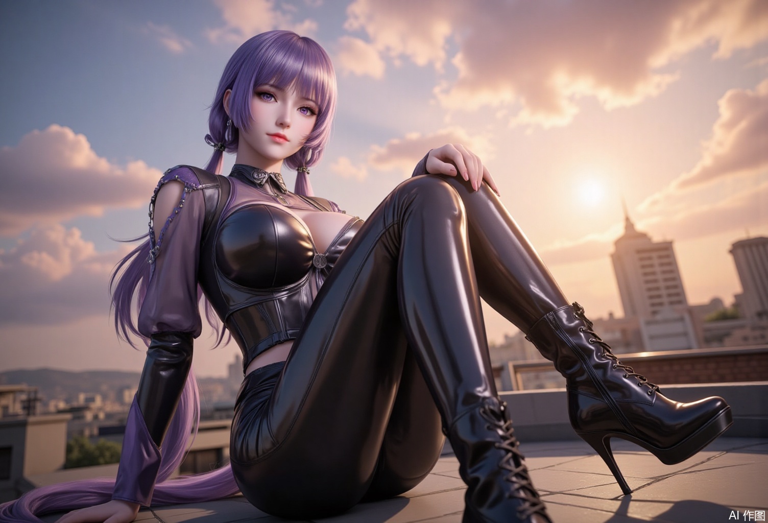 lvjing,baoshi,baichenxiang,purple hair,purple eyes,long hair,twintails,fair_skin,bangs,1girl,solo,breasts,looking at viewer,large breasts,long sleeves,cleavage,sitting,closed mouth,full body,boots,outdoors,sky,shiny,cloud,black footwear,high heels,lips,clothing cutout,bodysuit,makeup,arm support,crossed legs,cloudy sky,forehead,high heel boots,shiny clothes,sunset,black bodysuit,red lips,cityscape,latex,rooftop,
