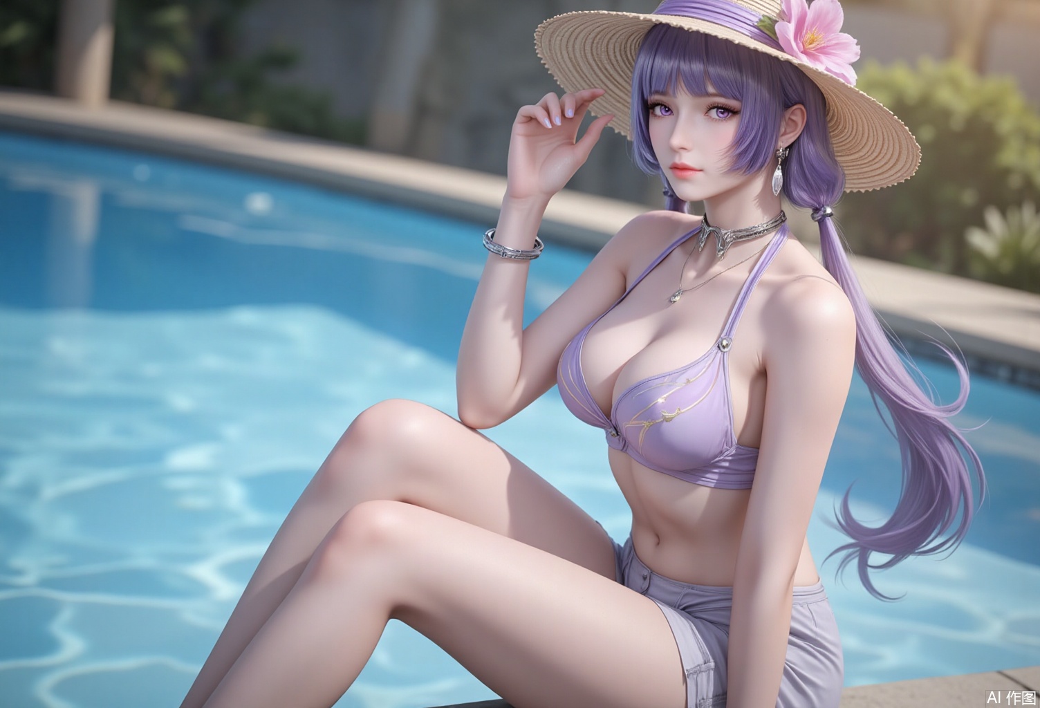 lvjing,baoshi,baichenxiang,purple hair,purple eyes,long hair,twintails,fair_skin,bangs,1girl,hat,jewelry,breasts,solo,innertube,bracelet,flower,shorts,earrings,pool,looking at viewer,swimsuit,water,bikini,blurry,sun hat,hat flower,navel,sitting,blurry background,cleavage,collarbone,medium breasts,lips,outdoors,straw hat,bare shoulders,nail polish,cover,simple background,gradient background,close-up details,outstanding style,adding a touch of dimension to your images without compromising details,close-up,