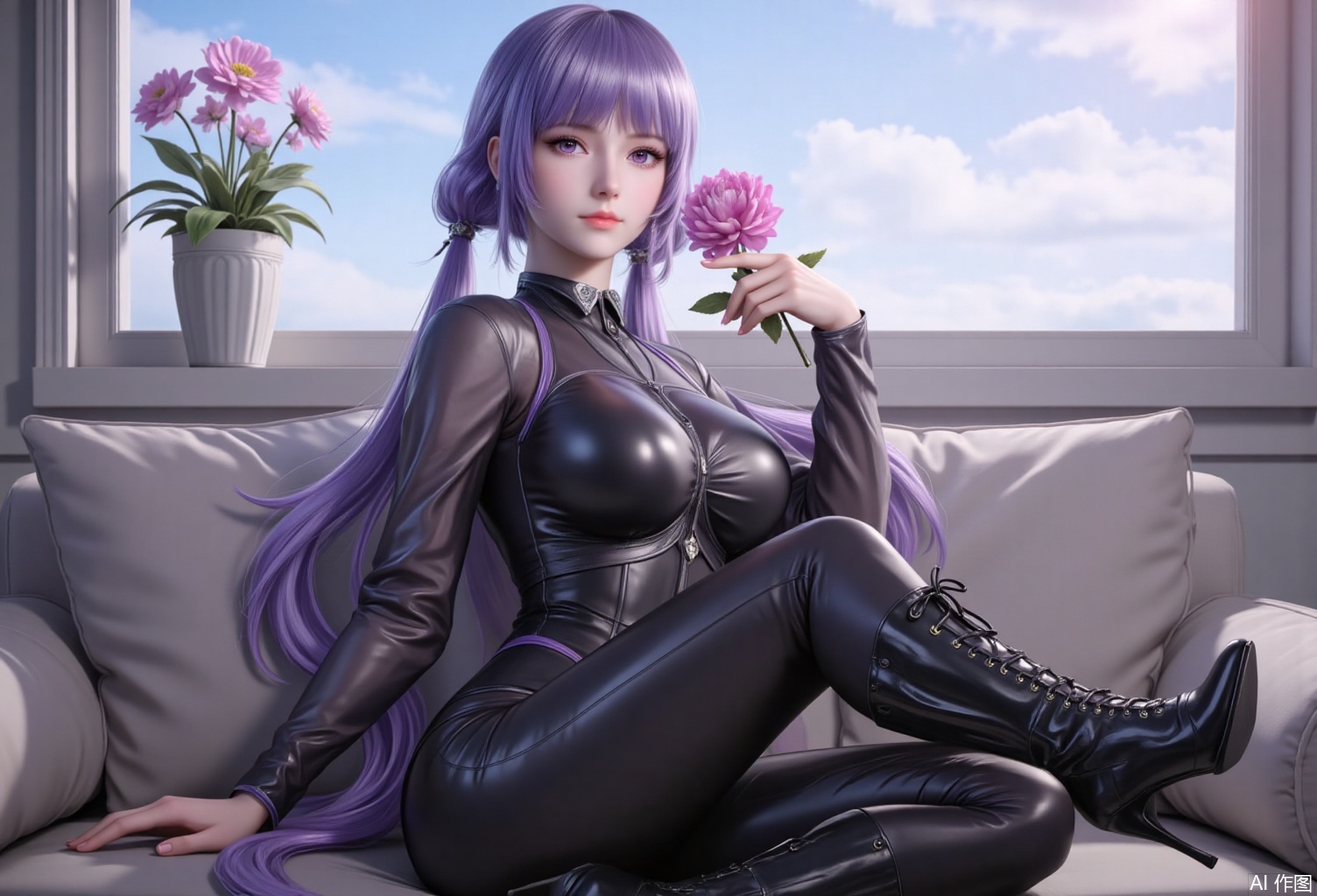 lvjing,baoshi,baichenxiang,purple hair,purple eyes,long hair,twintails,fair_skin,bangs,1girl,solo,breasts,looking at viewer,large breasts,long sleeves,holding,jewelry,sitting,closed mouth,full body,flower,boots,day,cloud,indoors,black footwear,high heels,lips,pillow,window,bodysuit,crossed legs,plant,couch,skin tight,high heel boots,shiny clothes,black bodysuit,holding flower,potted plant,on couch,latex,vase,flower pot,latex bodysuit,cover,simple background,gradient background,close-up details,outstanding style,adding a touch of dimension to your images without compromising details,close-up,