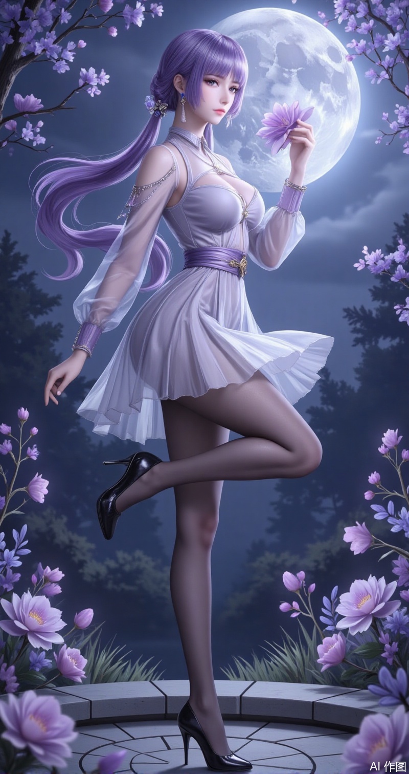 lvjing,baoshi,baichenxiang,purple hair,purple eyes,long hair,twintails,fair_skin,bangs,1girl,moon,flower,high heels,pantyhose,solo,night,purple hair,dress,long hair,full body,hair bun,holding flower,hair ornament,outdoors,full moon,purple eyes,from side,bare shoulders,holding,black footwear,huge moon,tree,see-through,standing on one leg,standing,white dress,leg up,looking at viewer,breasts,jewelry,earrings,1,cover,simple background,gradient_background,Close-up details,outstanding style,adding a touch of dimension to your images without compromising details,close-up,,lvjing,
