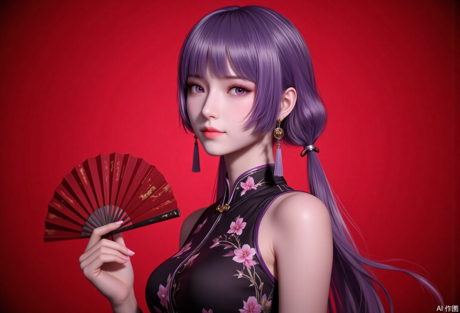 lvjing,baoshi,baichenxiang,purple hair,purple eyes,long hair,twintails,fair_skin,bangs,1girl,dress,hand fan,holding,solo,earrings,jewelry,chinese clothes,china dress,black dress,holding fan,floral print,blurry,sleeveless,looking at viewer,sleeveless dress,red background,folding fan,standing,head tilt,2,cover,simple background,gradient background,close-up details,outstanding style,adding a touch of dimension to your images without compromising details,close-up