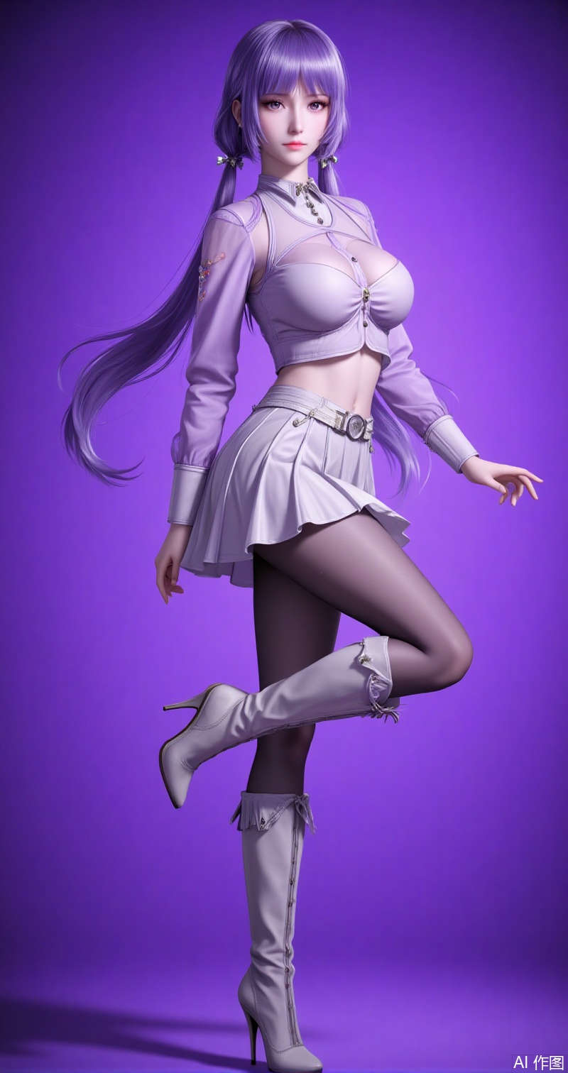 lvjing,baoshi,baichenxiang,purple hair,purple eyes,long hair,twintails,fair_skin,bangs,1girl,solo,purple hair,boots,long hair,purple eyes,pantyhose,high heels,navel,midriff,high heel boots,skirt,white footwear,crop top,purple background,standing on one leg,breasts,white skirt,medium breasts,leg up,9,cover,simple background,gradient_background,Close-up details,outstanding style,adding a touch of dimension to your images without compromising details,close-up,,lvjing,
