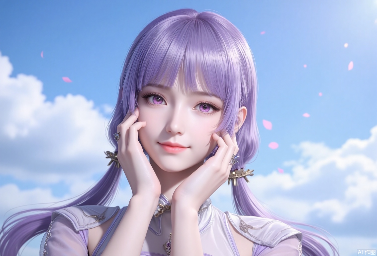 lvjing,baoshi,baichenxiang,purple hair,purple eyes,long hair,twintails,fair_skin,bangs,1girl,solo,looking at viewer,smile,hair ornament,dress,jewelry,closed mouth,upper body,sky,cloud,white dress,blue sky,hands on the cheeks,,cover,simple background,gradient background,close-up details,outstanding style,adding a touch of dimension to your images without compromising details,close-up