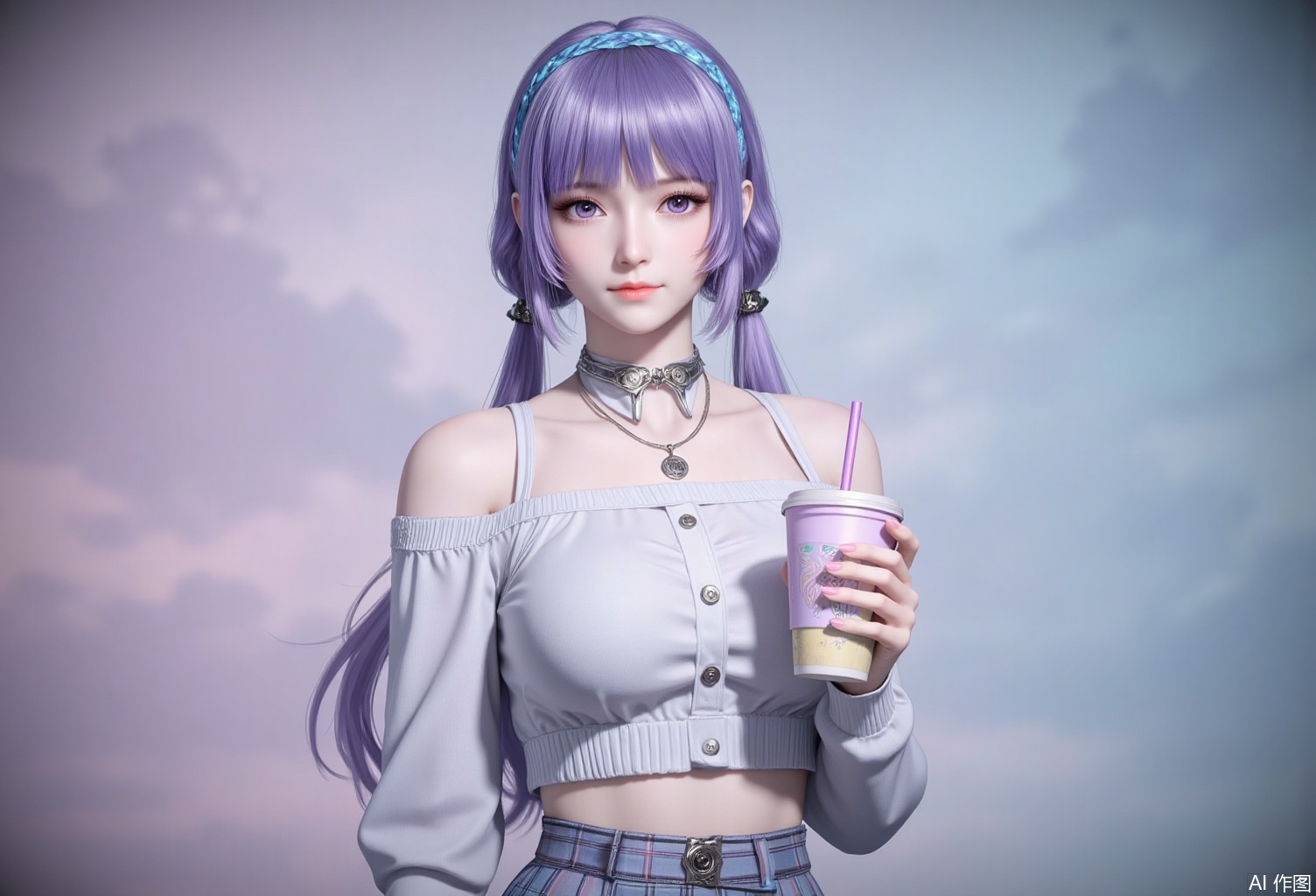 lvjing,baoshi,baichenxiang,purple hair,purple eyes,long hair,twintails,fair_skin,bangs,1girl,skirt,plaid skirt,realistic,solo,plaid,cup,blurry background,blurry,looking at viewer,holding,disposable cup,holding cup,hairband,sweater,necklace,crop top,blue hairband,midriff,shirt,jewelry,white sweater,off shoulder,white shirt,4,cover,simple background,gradient background,close-up details,outstanding style,adding a touch of dimension to your images without compromising details,close-up