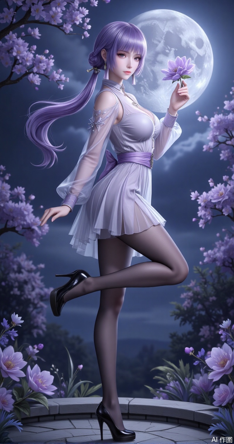 lvjing,baoshi,baichenxiang,purple hair,purple eyes,long hair,twintails,fair_skin,bangs,1girl,moon,flower,high heels,pantyhose,solo,night,purple hair,dress,long hair,full body,hair bun,holding flower,hair ornament,outdoors,full moon,purple eyes,from side,bare shoulders,holding,black footwear,huge moon,tree,see-through,standing on one leg,standing,white dress,leg up,looking at viewer,breasts,jewelry,earrings,1,cover,simple background,gradient_background,Close-up details,outstanding style,adding a touch of dimension to your images without compromising details,close-up,,lvjing,
