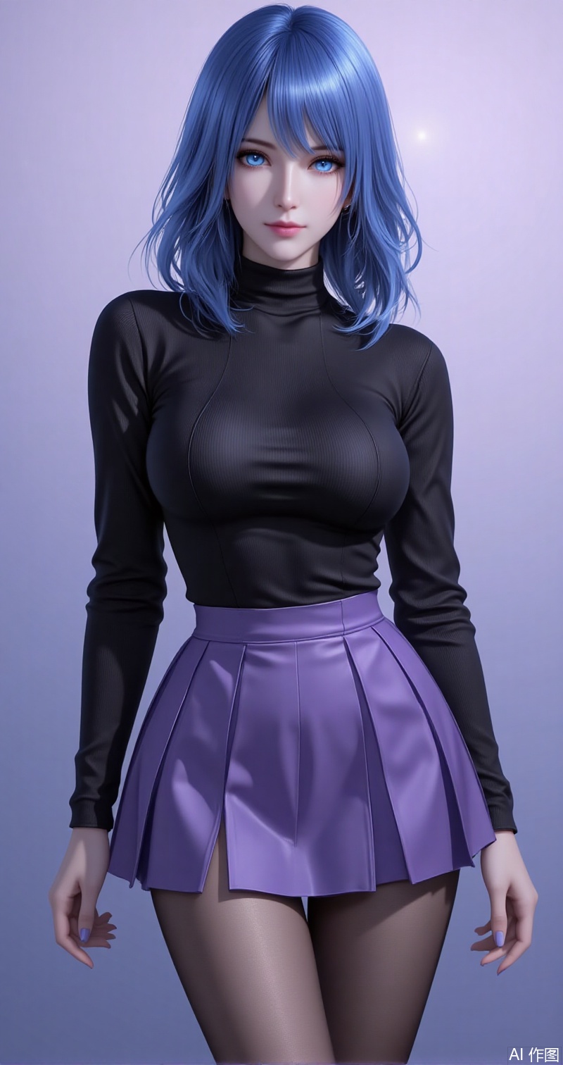 shuibinger,lvjing,shuibinger,blue hair,blue eyes,fair_skin,medium hair,1girl,pantyhose,breasts,skirt,solo,ass,large breasts,bangs,black pantyhose,looking at viewer,purple skirt,black sweater,long sleeves,underwear,sweater,turtleneck,pleated skirt,black shirt,gradient background,simple background,simple background,gradient_background,cover,Close-up details,outstanding style,adding a touch of dimension to your images without compromising details,close-up,