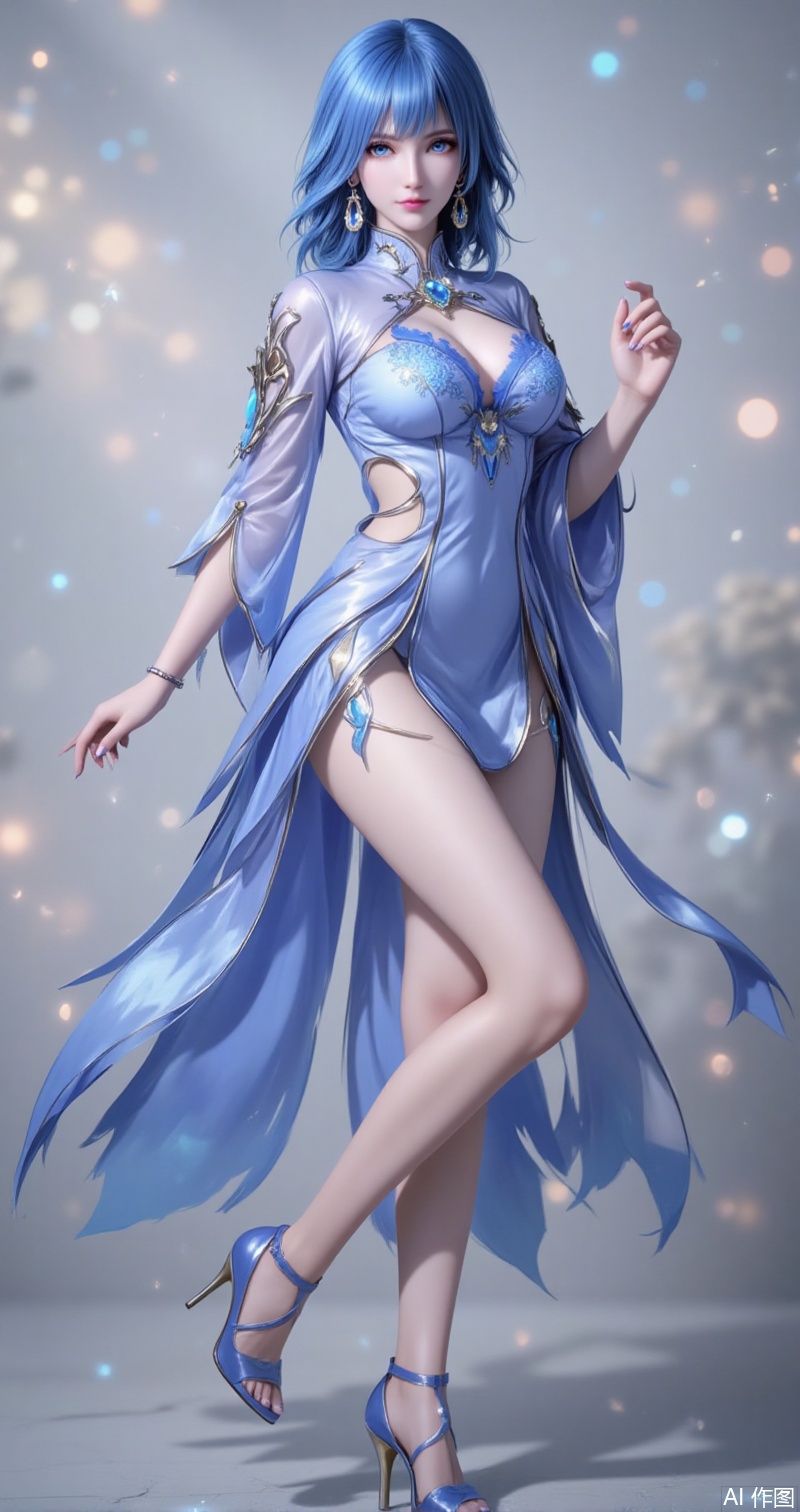 shuibinger,lvjing,shuibinger,blue hair,blue eyes,fair_skin,medium hair,1girl,boa hancock,high heels,solo,jewelry,earrings,breasts,looking at viewer,standing on one leg,dress,leg up,standing,long sleeves,closed mouth,thighs,bare legs,legs,cleavage,large breasts,foot out of frame,blurry background,see-through,hand up,cover,simple background,gradient_background,Close-up details,outstanding style,adding a touch of dimension to your images without compromising details,close-up,
