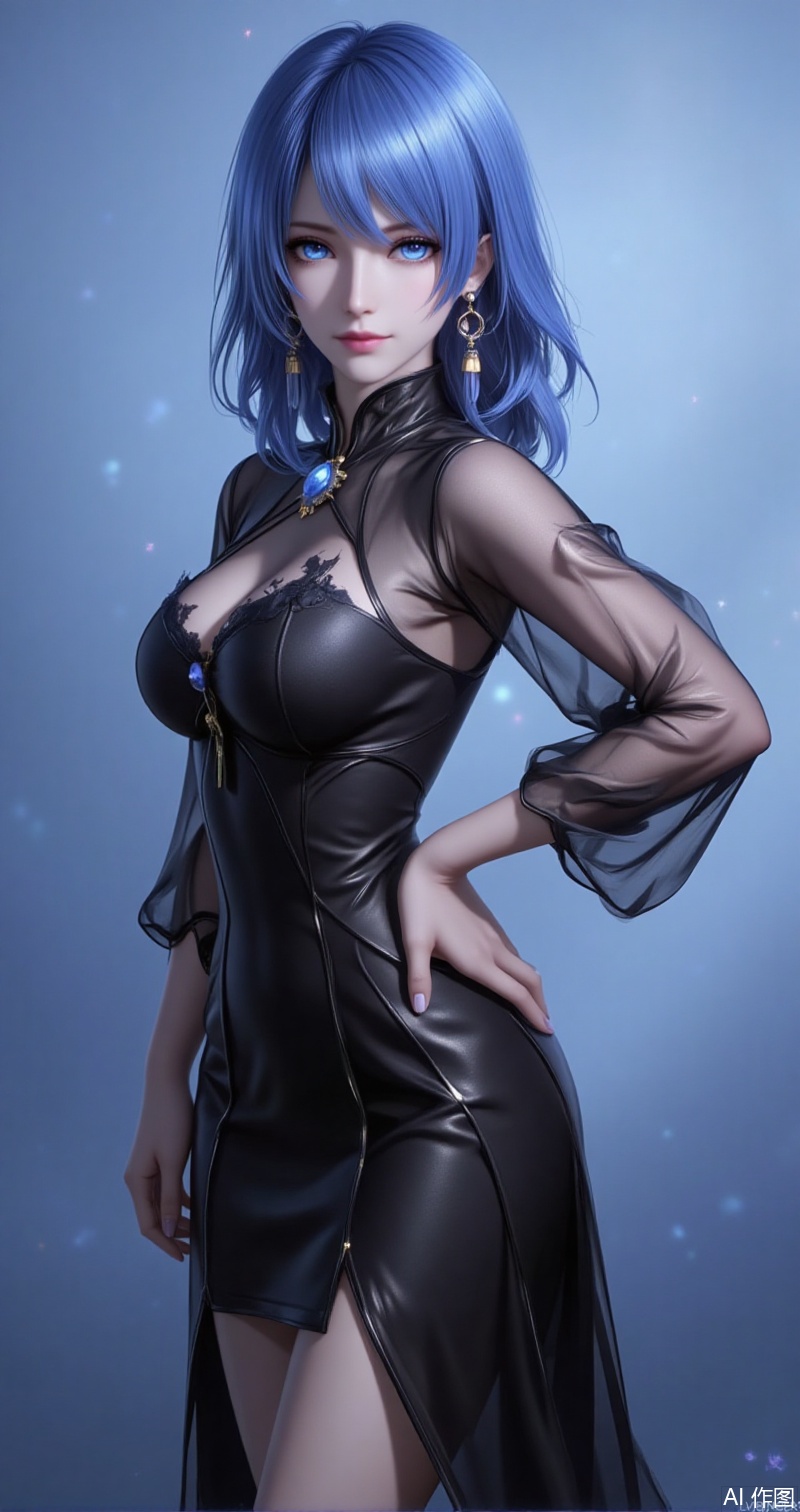 shuibinger,lvjing,shuibinger,blue hair,blue eyes,fair_skin,medium hair,1girl,solo,jewelry,earrings,see-through,dress,upper body,black dress,hand on own hip,breasts,see-through sleeves,13,cover,simple background,gradient background,close-up details,outstanding style,adding a touch of dimension to your images without compromising details,close-up,
