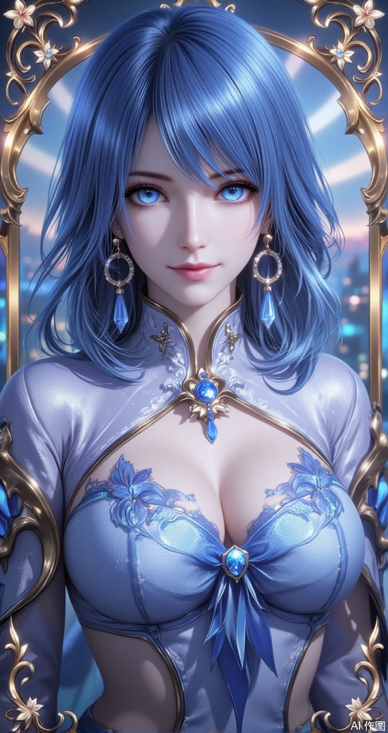 shuibinger,lvjing,shuibinger,blue hair,blue eyes,fair_skin,medium hair,1girl,solo,earrings,jewelry,looking at viewer,breasts,tarot,collarbone,upper body,dress,closed mouth,card \(medium\),tarot \(medium\),frills,border,cover,gradient background,close-up details,outstanding style,adding a touch of dimension to your images without compromising details,close-up