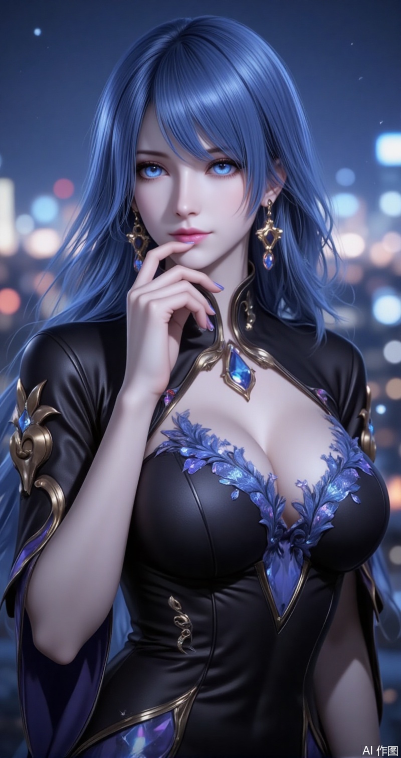 shuibinger,lvjing,shuibinger,blue hair,blue eyes,fair_skin,medium hair,bangs,1girl,jewelry,breasts,earrings,solo,long hair,large breasts,cleavage,makeup,upper body,from side,blurry,hand on own chin,blurry background,dress,black dress,night,closed mouth,outdoors,eyelashes,lipstick,cover,simple background,gradient_background,Close-up details,outstanding style,adding a touch of dimension to your images without compromising details,close-up,
