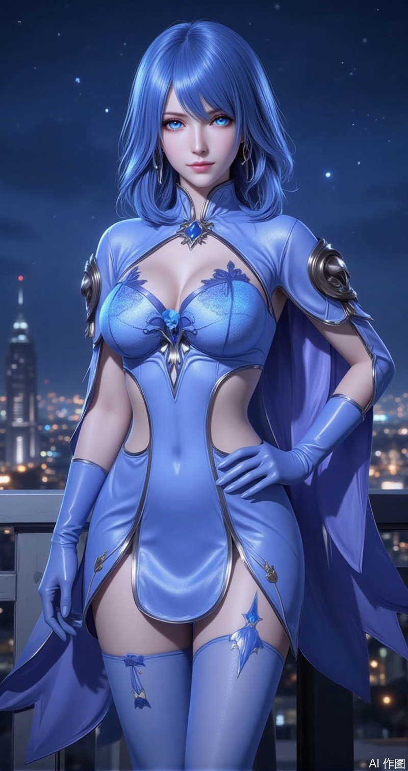 shuibinger,lvjing,shuibinger,blue hair,blue eyes,fair_skin,medium hair,1girl,solo,blue eyes,gloves,blue hair,night,looking at viewer,thighhighs,blue gloves,breasts,hand on own hip,single thighhigh,thigh strap,blue dress,night sky,dress,medium breasts,clothing cutout,medium hair,signature,sky,standing,5,cover,simple background,gradient_background,Close-up details,outstanding style,adding a touch of dimension to your images without compromising details,close-up,
