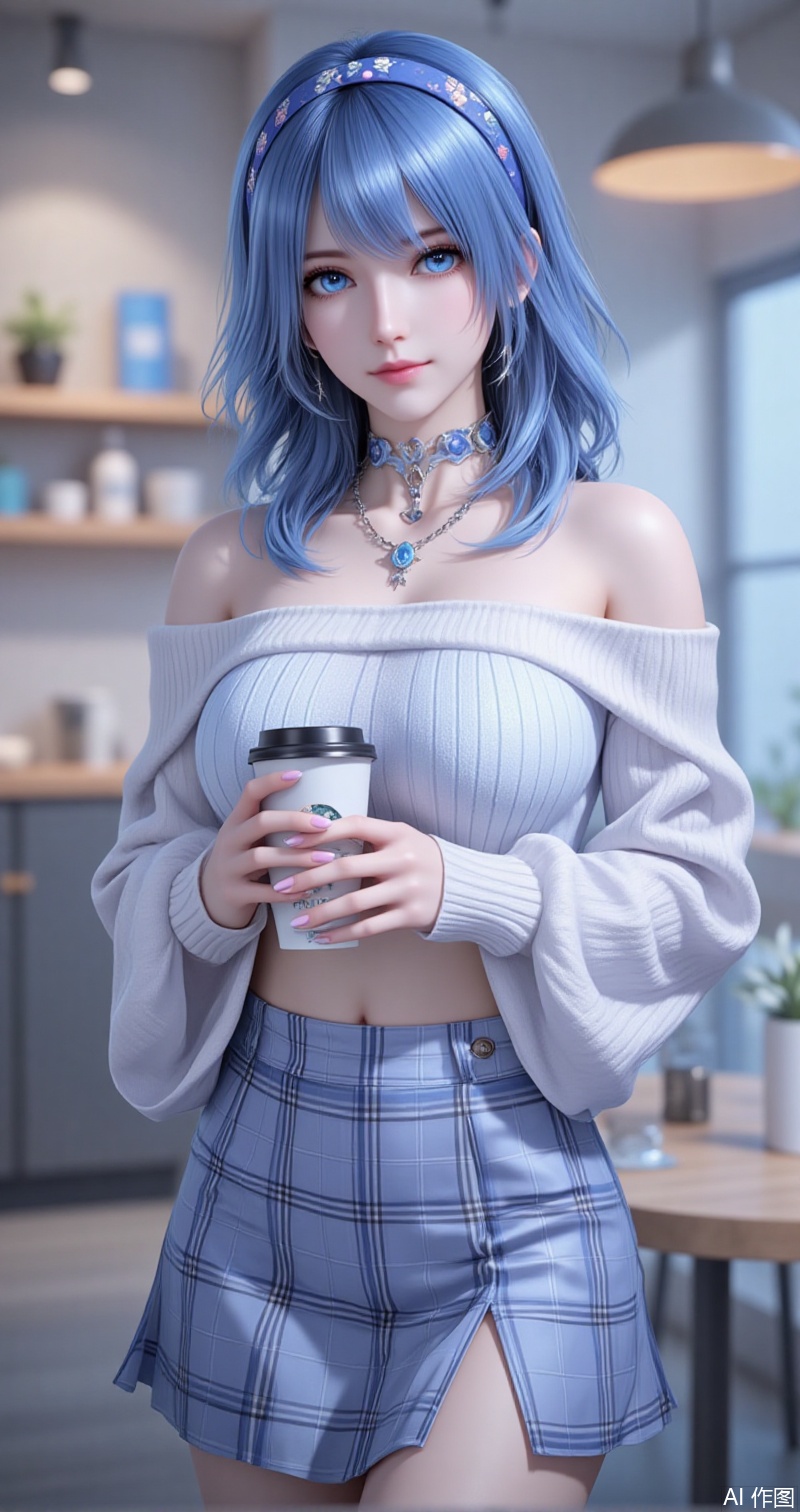 shuibinger,lvjing,shuibinger,blue hair,blue eyes,fair_skin,medium hair,1girl,skirt,plaid skirt,realistic,solo,plaid,cup,blurry background,blurry,looking at viewer,holding,disposable cup,holding cup,hairband,sweater,necklace,crop top,blue hairband,midriff,shirt,jewelry,white sweater,off shoulder,white shirt,4,cover,simple background,gradient background,close-up details,outstanding style,adding a touch of dimension to your images without compromising details,close-up