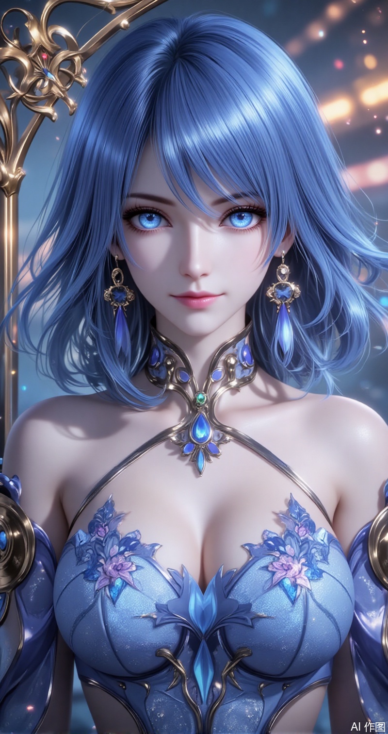 shuibinger,lvjing,shuibinger,blue hair,blue eyes,fair_skin,medium hair,1girl,solo,earrings,jewelry,looking at viewer,breasts,tarot,collarbone,upper body,dress,closed mouth,card \(medium\),tarot \(medium\),frills,border,cover,gradient background,close-up details,outstanding style,adding a touch of dimension to your images without compromising details,close-up