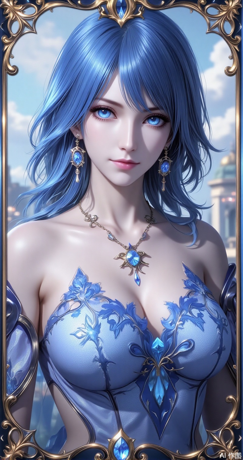 shuibinger,lvjing,shuibinger,blue hair,blue eyes,fair_skin,medium hair,1girl,solo,earrings,jewelry,looking at viewer,breasts,tarot,collarbone,upper body,dress,closed mouth,card \(medium\),tarot \(medium\),frills,border,cover,gradient background,close-up details,outstanding style,adding a touch of dimension to your images without compromising details,close-up