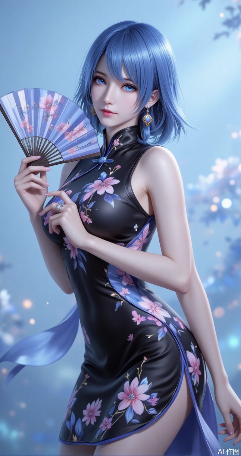 shuibinger,lvjing,shuibinger,blue hair,blue eyes,fair_skin,medium hair,1girl,dress,hand fan,holding,solo,earrings,jewelry,chinese clothes,china dress,black dress,holding fan,floral print,blurry,sleeveless,looking at viewer,sleeveless dress,light blue background,folding fan,standing,head tilt,2,cover,simple background,gradient background,close-up details,outstanding style,adding a touch of dimension to your images without compromising details,close-u
