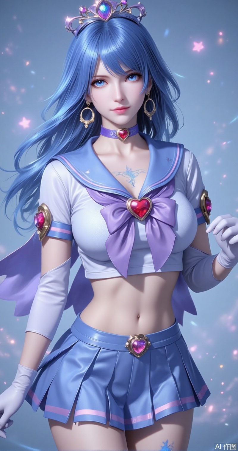 shuibinger,lvjing,shuibinger,blue hair,blue eyes,fair_skin,medium hair,1girl,sailor senshi uniform,solo,jewelry,skirt,gloves,earrings,blue skirt,white gloves,sailor collar,bow,breasts,choker,elbow gloves,magical girl,back bow,covered navel,heart,pleated skirt,looking at viewer,brooch,purple bow,heart brooch,red choker,circlet,miniskirt,closed mouth,large breasts,collarbone,red gemstone,tiara,cowboy shot,simple background,gradient background,close-up details,outstanding style,adding a touch of dimension to your images without compromising details,close-up,cover,simple background,gradient background,close-up details,outstanding style,adding a touch of dimension to your images without compromising details,close-up