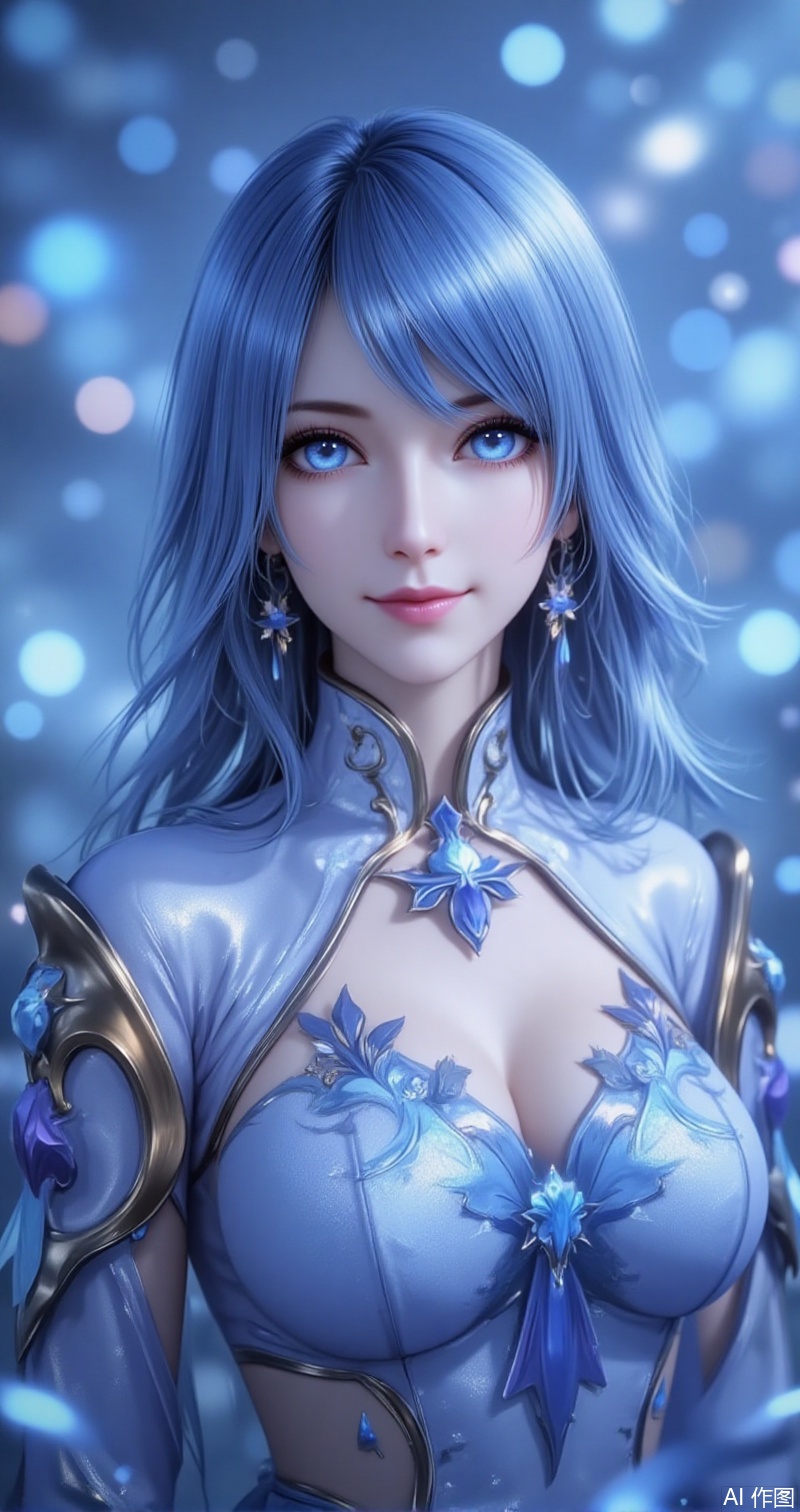 shuibinger,lvjing,shuibinger,blue hair,blue eyes,fair_skin,medium hair,1girl,solo,blue eyes,blue hair,looking at viewer,portrait,blurry,smile,blurry background,long hair,lips,bokeh,realistic,closed mouth,blue theme,depth of field,2,cover,simple background,gradient_background,Close-up details,outstanding style,adding a touch of dimension to your images without compromising details,close-up,
