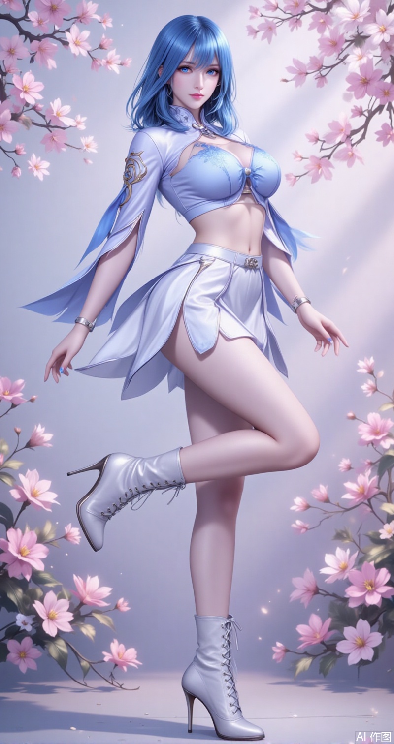 shuibinger,lvjing,shuibinger,blue hair,blue eyes,fair_skin,medium hair,1girl,solo,boots,pantyhose,high heels,navel,midriff,high heel boots,skirt,white footwear,crop top,flower background,standing on one leg,breasts,white skirt,medium breasts,leg up,9,cover,simple background,gradient_background,Close-up details,outstanding style,adding a touch of dimension to your images without compromising details,close-up,lvjing,