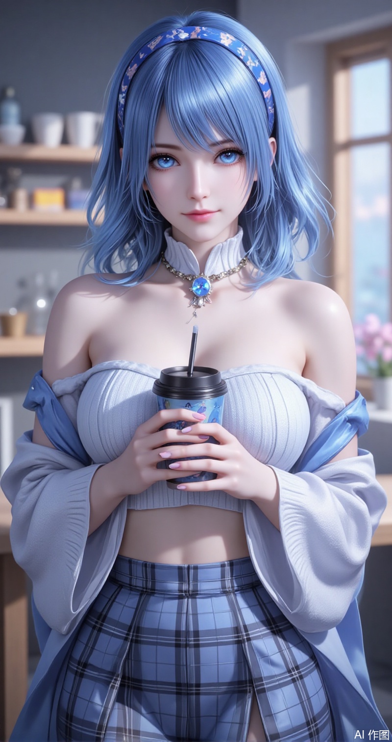 shuibinger,lvjing,shuibinger,blue hair,blue eyes,fair_skin,medium hair,1girl,skirt,plaid skirt,realistic,solo,plaid,cup,blurry background,blurry,looking at viewer,holding,disposable cup,holding cup,hairband,sweater,necklace,crop top,blue hairband,midriff,shirt,jewelry,white sweater,off shoulder,white shirt,4,cover,simple background,gradient background,close-up details,outstanding style,adding a touch of dimension to your images without compromising details,close-up