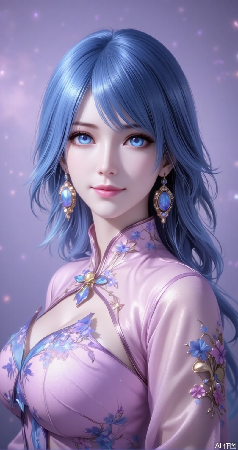 shuibinger,lvjing,shuibinger,blue hair,blue eyes,fair_skin,medium hair,1girl,solo,earrings,jewelry,looking at viewer,dress,upper body,smile,breasts,closed mouth,chinese clothes,makeup,from side,pink dress,gradient background,see-through,looking to the side,purple background,cover,simple background,gradient_background,Close-up details,outstanding style,adding a touch of dimension to your images without compromising details,close-up,
