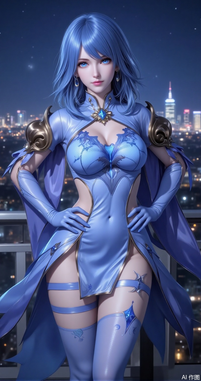 shuibinger,lvjing,shuibinger,blue hair,blue eyes,fair_skin,medium hair,1girl,solo,blue eyes,gloves,blue hair,night,looking at viewer,thighhighs,blue gloves,breasts,hand on own hip,single thighhigh,thigh strap,blue dress,night sky,dress,medium breasts,clothing cutout,medium hair,signature,sky,standing,5,cover,simple background,gradient_background,Close-up details,outstanding style,adding a touch of dimension to your images without compromising details,close-up,
