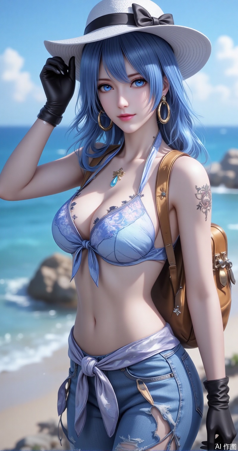 shuibinger,lvjing,shuibinger,blue hair,blue eyes,fair_skin,medium hair,1girl,solo,hat,jewelry,gloves,earrings,bag,black gloves,hoop earrings,swimsuit,bikini,outdoors,breasts,white headwear,pants,denim,jeans,black bow,blurry background,blurry,backpack,navel,ocean,bow,sarong,bikini top only,from side,midriff,makeup,medium breasts,hat bow,sun hat,railing,cowboy shot,looking at viewer,cleavage,lipstick,hand on headwear,sun,leaning forward,closed mouth,sunlight,cover,simple background,gradient_background,Close-up details,outstanding style,adding a touch of dimension to your images without compromising details,close-up,
