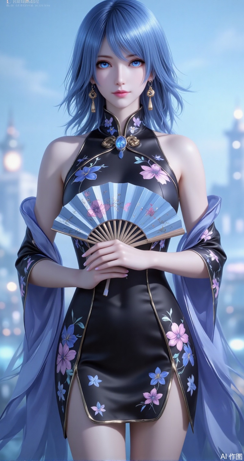 shuibinger,lvjing,shuibinger,blue hair,blue eyes,fair_skin,medium hair,1girl,dress,hand fan,holding,solo,earrings,jewelry,chinese clothes,china dress,black dress,holding fan,floral print,blurry,sleeveless,looking at viewer,sleeveless dress,light blue background,folding fan,standing,head tilt,2,cover,simple background,gradient background,close-up details,outstanding style,adding a touch of dimension to your images without compromising details,close-u
