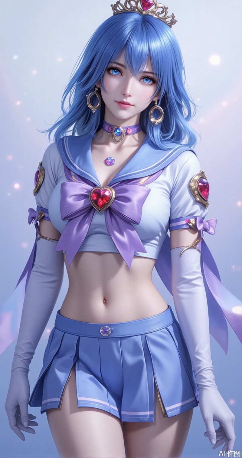 shuibinger,lvjing,shuibinger,blue hair,blue eyes,fair_skin,medium hair,1girl,sailor senshi uniform,solo,jewelry,skirt,gloves,earrings,blue skirt,white gloves,sailor collar,bow,breasts,choker,elbow gloves,magical girl,back bow,covered navel,heart,pleated skirt,looking at viewer,brooch,purple bow,heart brooch,red choker,circlet,miniskirt,closed mouth,large breasts,collarbone,red gemstone,tiara,cowboy shot,simple background,gradient background,close-up details,outstanding style,adding a touch of dimension to your images without compromising details,close-up,cover,simple background,gradient background,close-up details,outstanding style,adding a touch of dimension to your images without compromising details,close-up