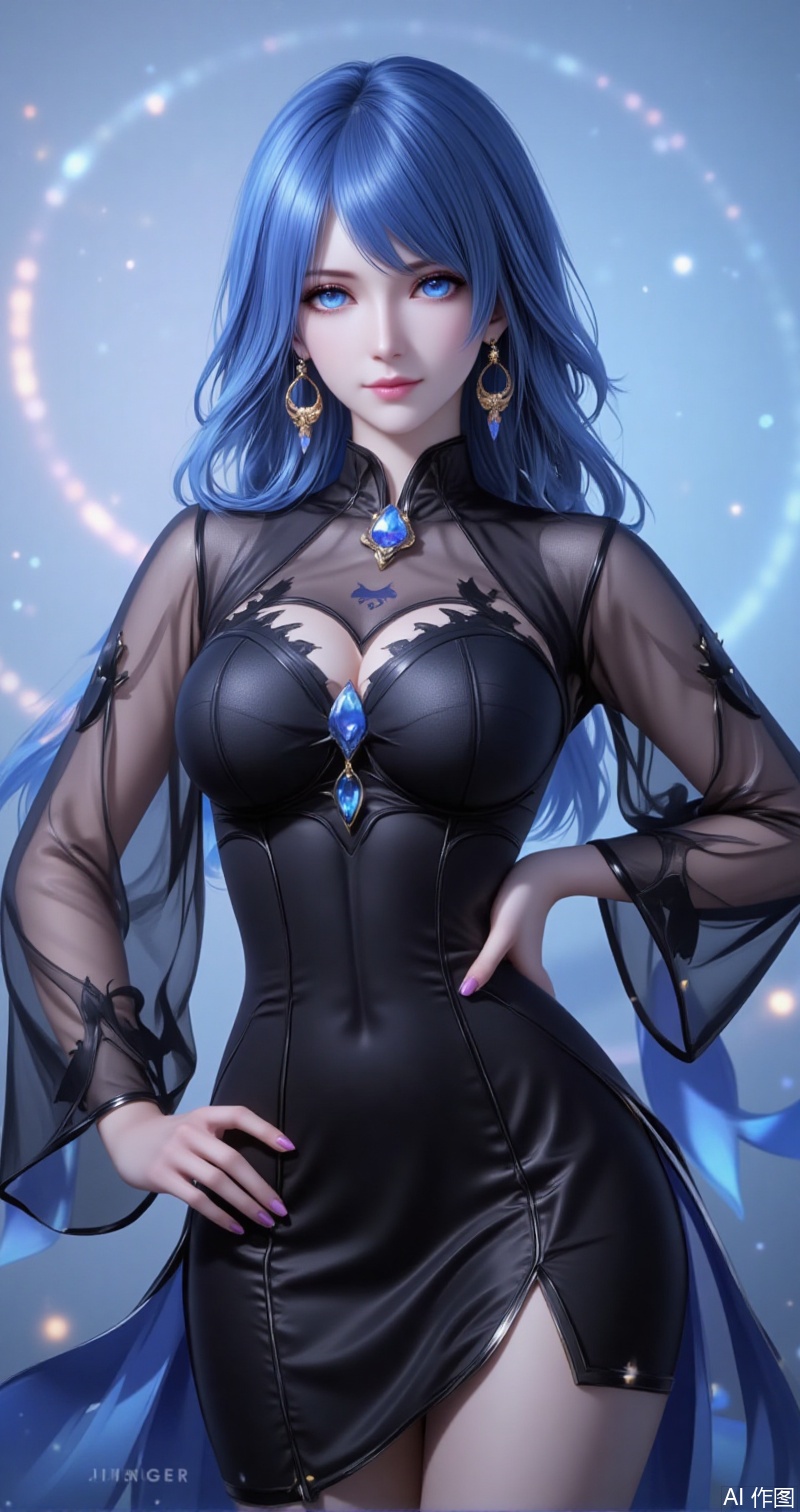 shuibinger,lvjing,shuibinger,blue hair,blue eyes,fair_skin,medium hair,1girl,solo,jewelry,earrings,see-through,dress,upper body,black dress,hand on own hip,breasts,see-through sleeves,13,cover,simple background,gradient background,close-up details,outstanding style,adding a touch of dimension to your images without compromising details,close-up,