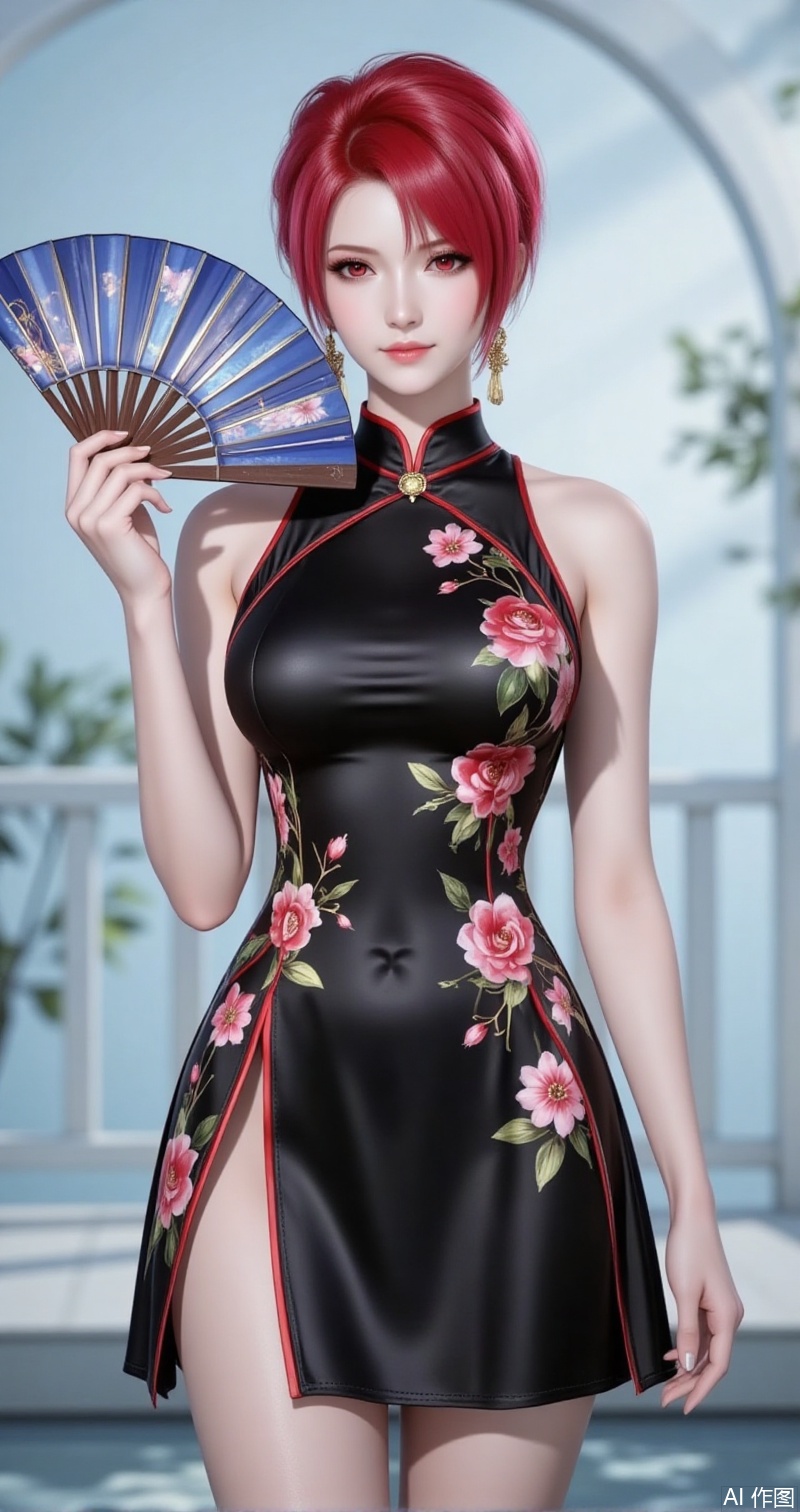lvjing,baoshi,huowu,red hair,short hair,fair_skin,red eyes,1girl,dress,hand fan,holding,solo,earrings,jewelry,chinese clothes,china dress,black dress,holding fan,floral print,blurry,sleeveless,looking at viewer,sleeveless dress,light blue background,folding fan,standing,head tilt,2,cover,simple background,gradient background,close-up details,outstanding style,adding a touch of dimension to your images without compromising details,close-u