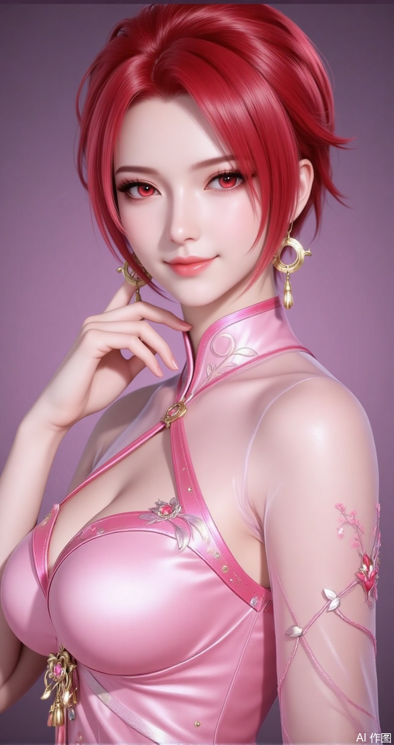 lvjing,baoshi,huowu,red hair,short hair,fair_skin,red eyes,1girl,solo,earrings,jewelry,looking at viewer,dress,upper body,smile,breasts,closed mouth,chinese clothes,makeup,from side,pink dress,gradient background,see-through,looking to the side,purple background,cover,simple background,gradient_background,Close-up details,outstanding style,adding a touch of dimension to your images without compromising details,close-up,