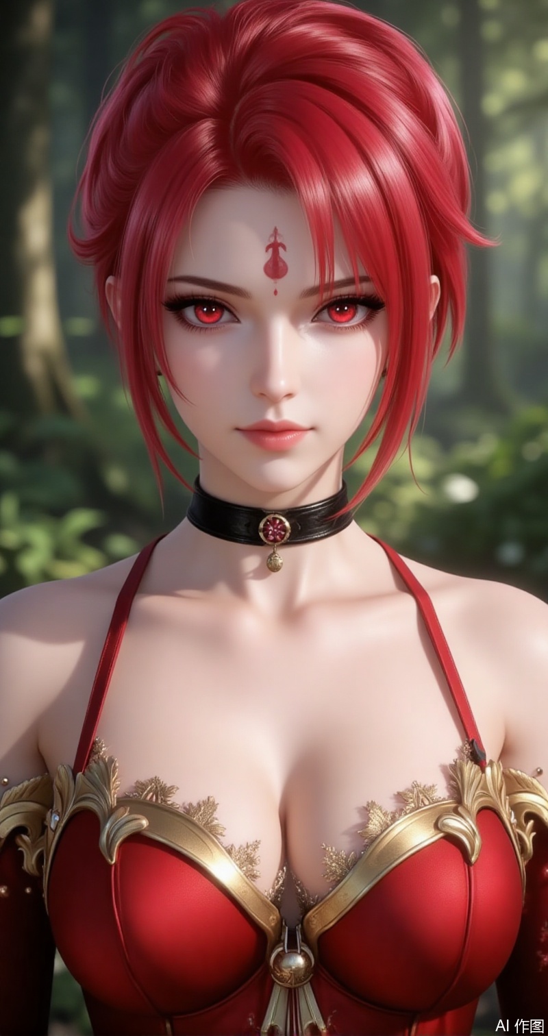 lvjing,baoshi,huowu,red hair,short hair,fair_skin,red eyes,forehead_mark,1girl,solo,breasts,red hair,facial mark,bare shoulders,blurry background,blurry,cleavage,upper body,red eyes,choker,nature,detached sleeves,forest,forehead mark,looking at viewer,outdoors,red dress,medium breasts,3,cover,simple background,gradient_background,Close-up details,outstanding style,adding a touch of dimension to your images without compromising details,close-up