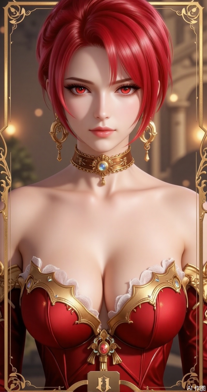 lvjing,baoshi,huowu,red hair,short hair,fair_skin,red eyes,1girl,solo,earrings,jewelry,looking at viewer,breasts,tarot,collarbone,upper body,dress,closed mouth,card \(medium\),tarot \(medium\),frills,border,cover,gradient background,close-up details,outstanding style,adding a touch of dimension to your images without compromising details,close-up