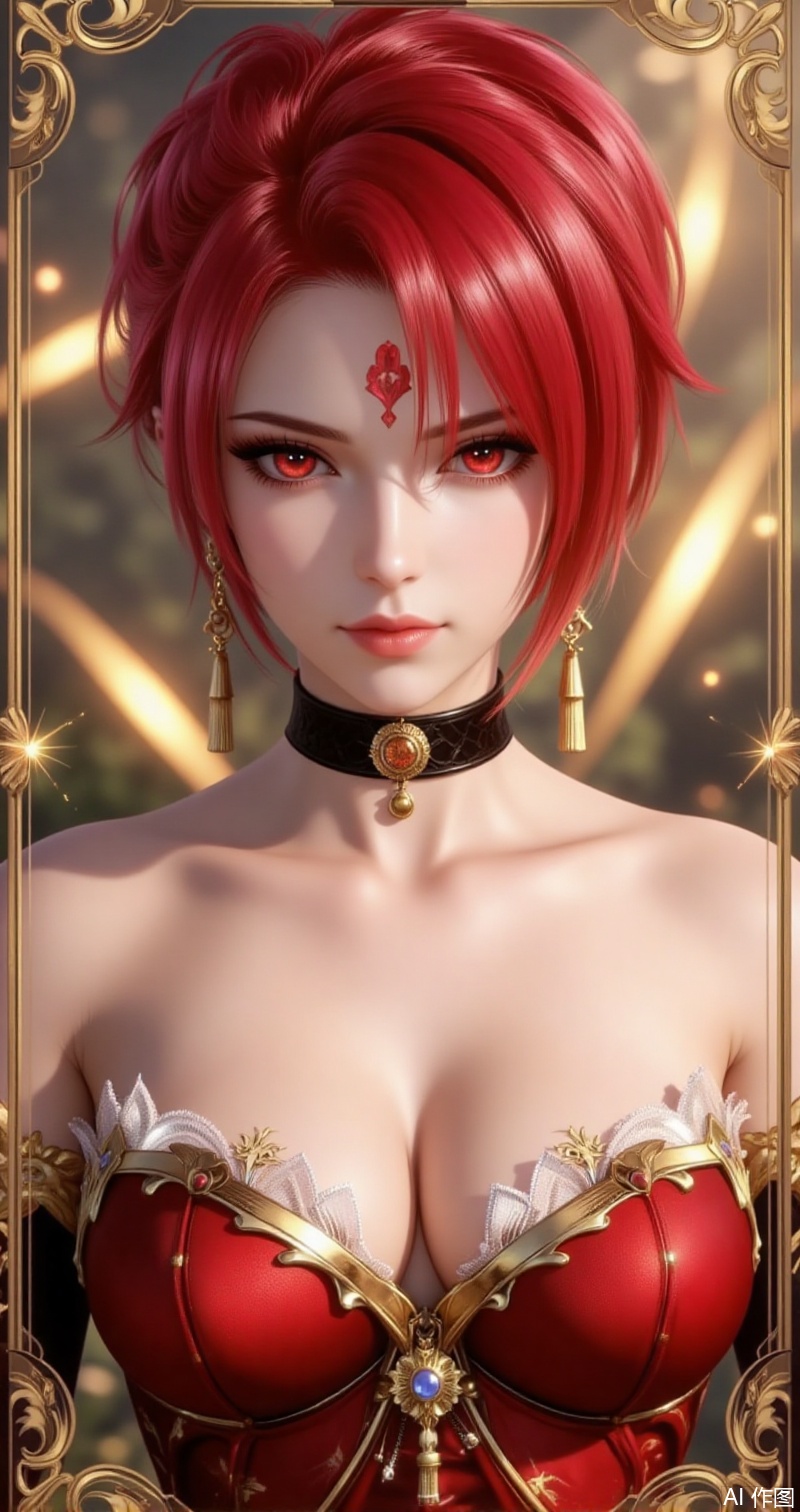 lvjing,baoshi,huowu,red hair,short hair,fair_skin,red eyes,forehead_mark,spark mark,1girl,solo,earrings,jewelry,looking at viewer,breasts,tarot,collarbone,upper body,dress,closed mouth,card \(medium\),tarot \(medium\),frills,border,cover,gradient background,close-up details,outstanding style,adding a touch of dimension to your images without compromising details,close-up
