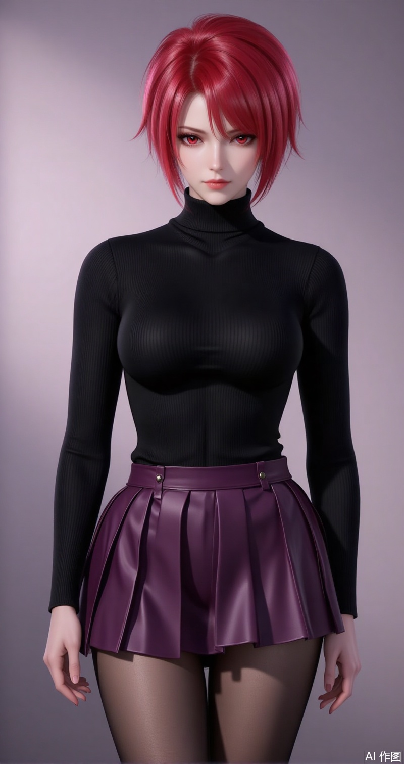 lvjing,baoshi,huowu,red hair,short hair,fair_skin,red eyes,1girl,pantyhose,breasts,skirt,solo,ass,large breasts,bangs,black pantyhose,looking at viewer,purple skirt,black sweater,long sleeves,underwear,sweater,turtleneck,pleated skirt,black shirt,gradient background,simple background,simple background,gradient_background,cover,Close-up details,outstanding style,adding a touch of dimension to your images without compromising details,close-up,