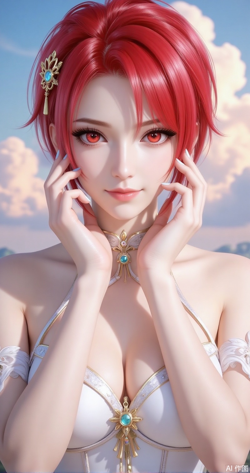 lvjing,baoshi,huowu,red hair,short hair,fair_skin,red eyes,1girl,solo,looking at viewer,smile,hair ornament,dress,jewelry,closed mouth,upper body,sky,cloud,white dress,blue sky,hands on the cheeks,,cover,simple background,gradient background,close-up details,outstanding style,adding a touch of dimension to your images without compromising details,close-up
