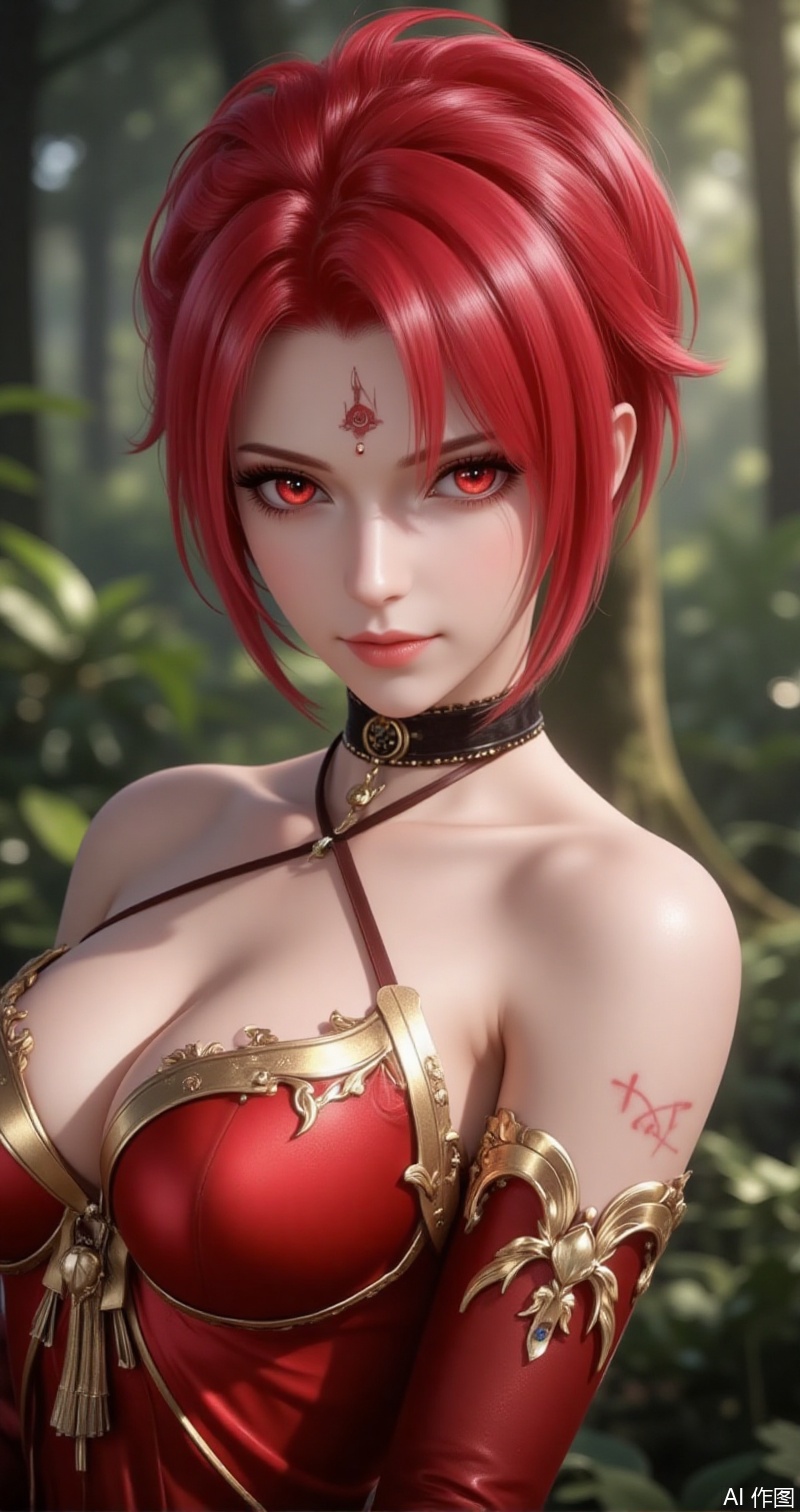 lvjing,baoshi,huowu,red hair,short hair,fair_skin,red eyes,forehead_mark,1girl,solo,breasts,red hair,facial mark,bare shoulders,blurry background,blurry,cleavage,upper body,red eyes,choker,nature,detached sleeves,forest,forehead mark,looking at viewer,outdoors,red dress,medium breasts,3,cover,simple background,gradient_background,Close-up details,outstanding style,adding a touch of dimension to your images without compromising details,close-up