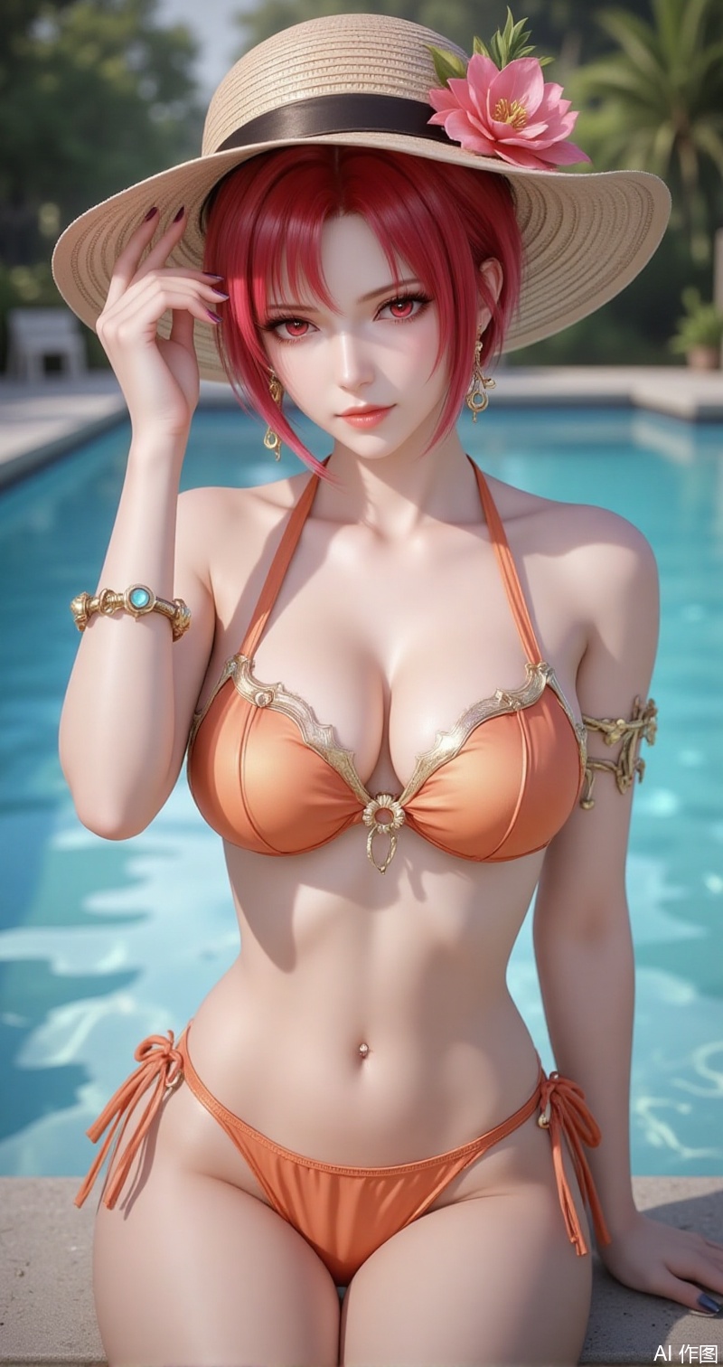 lvjing,baoshi,huowu,red hair,short hair,fair_skin,red eyes,1girl,hat,jewelry,breasts,solo,innertube,bracelet,flower,shorts,earrings,pool,looking at viewer,swimsuit,water,bikini,blurry,sun hat,hat flower,navel,sitting,blurry background,cleavage,collarbone,medium breasts,lips,outdoors,straw hat,bare shoulders,nail polish,cover,simple background,gradient background,close-up details,outstanding style,adding a touch of dimension to your images without compromising details,close-up,